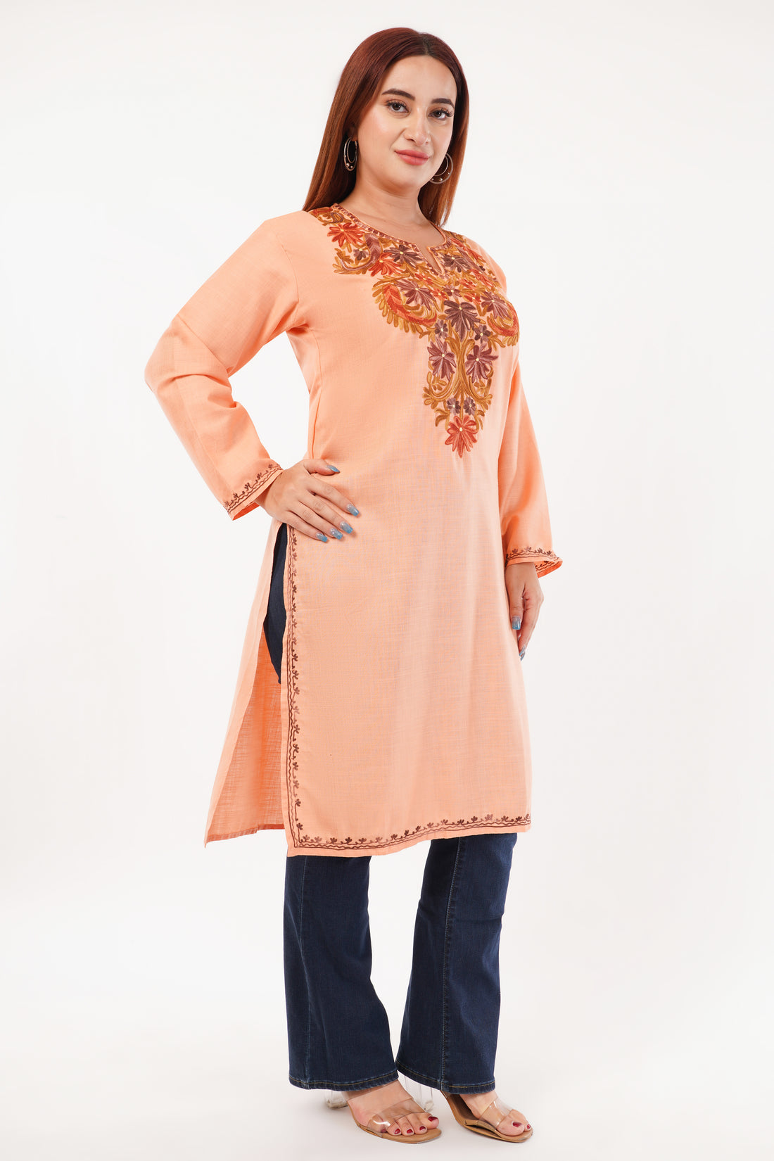 Kashmiri Aari embroidery Cotton Long Kurti Size-44(Peach)