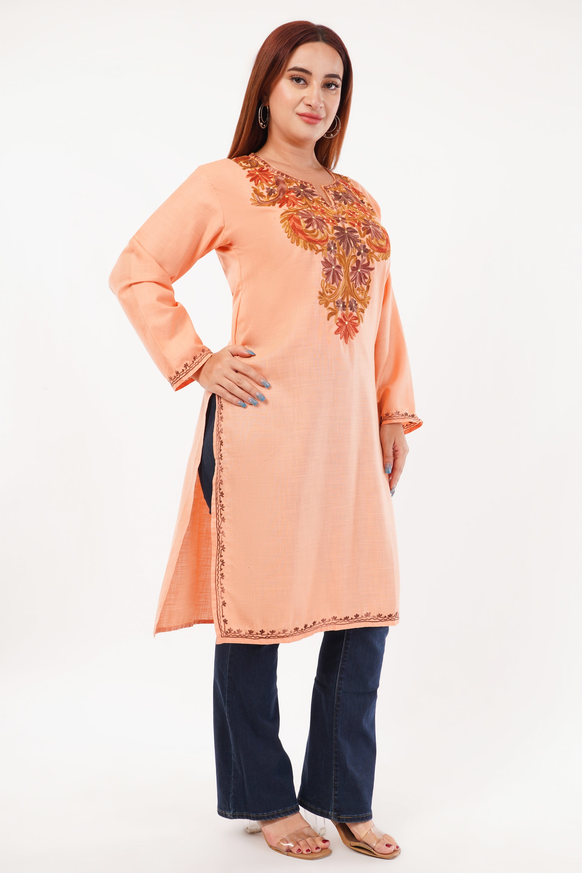 Kashmiri Aari embroidery Cotton Long Kurti Size-44(Peach)