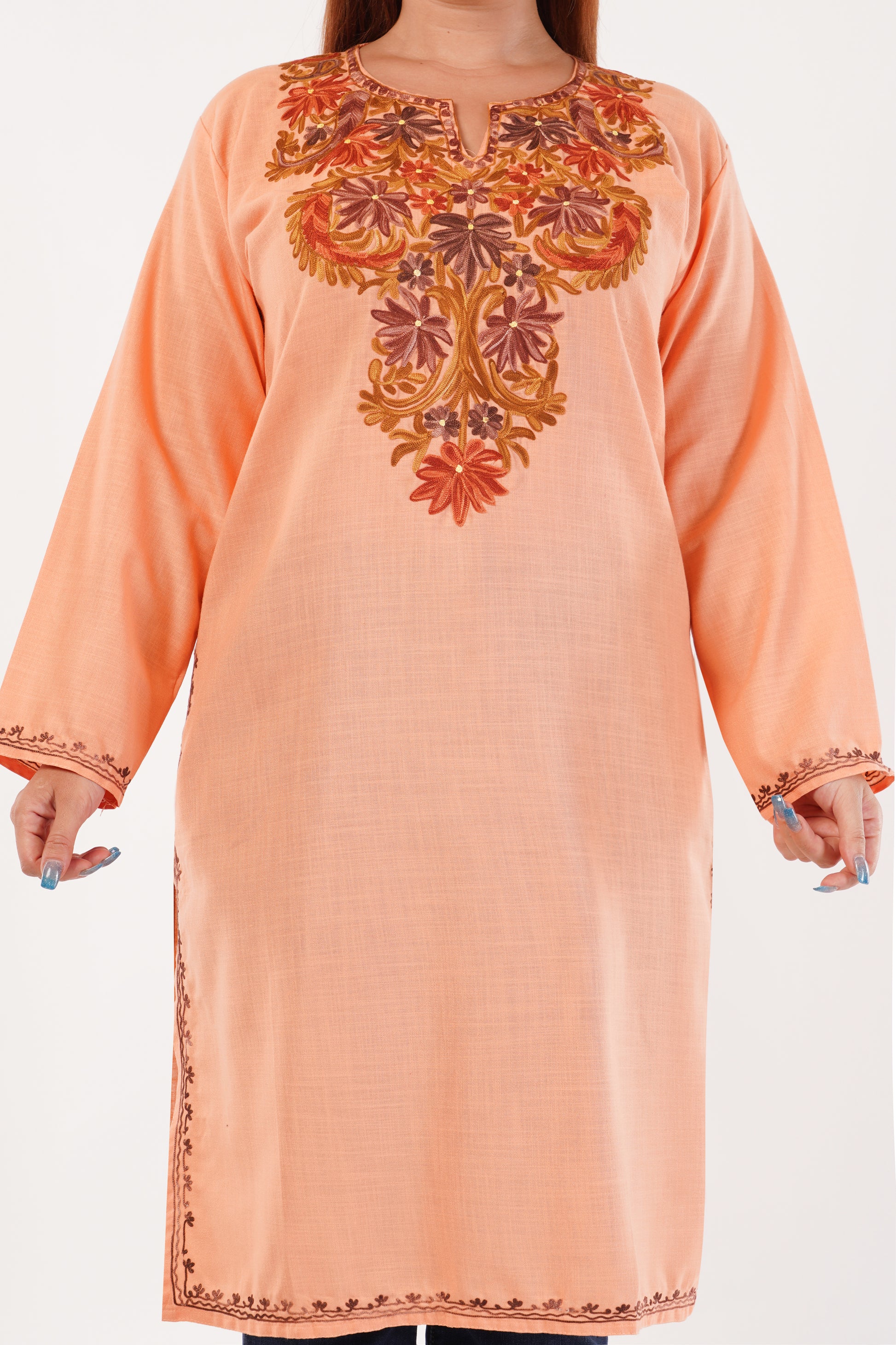 Kashmiri Aari embroidery Cotton Long Kurti Size-44(Peach)
