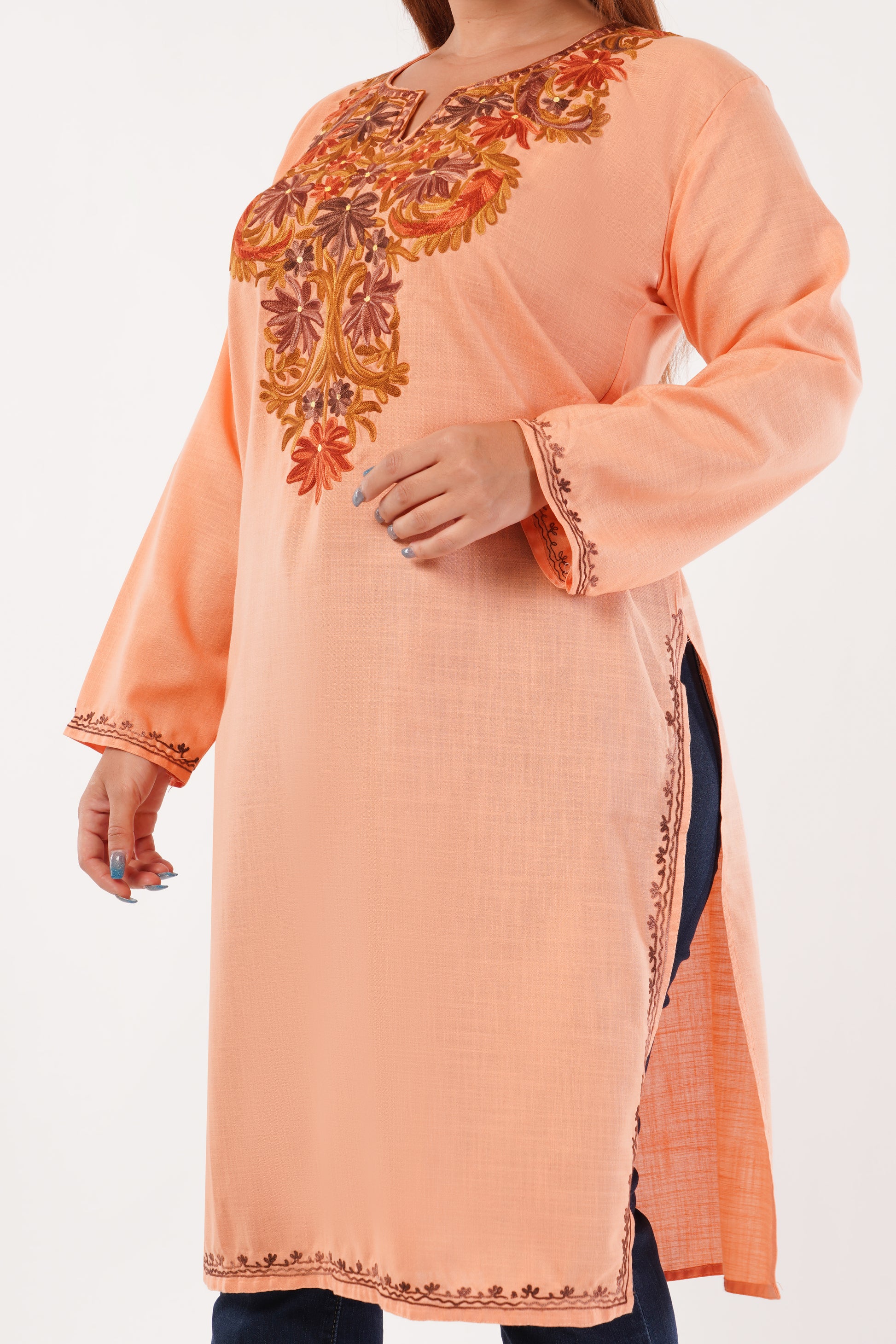 Kashmiri Aari embroidery Cotton Long Kurti Size-44(Peach)