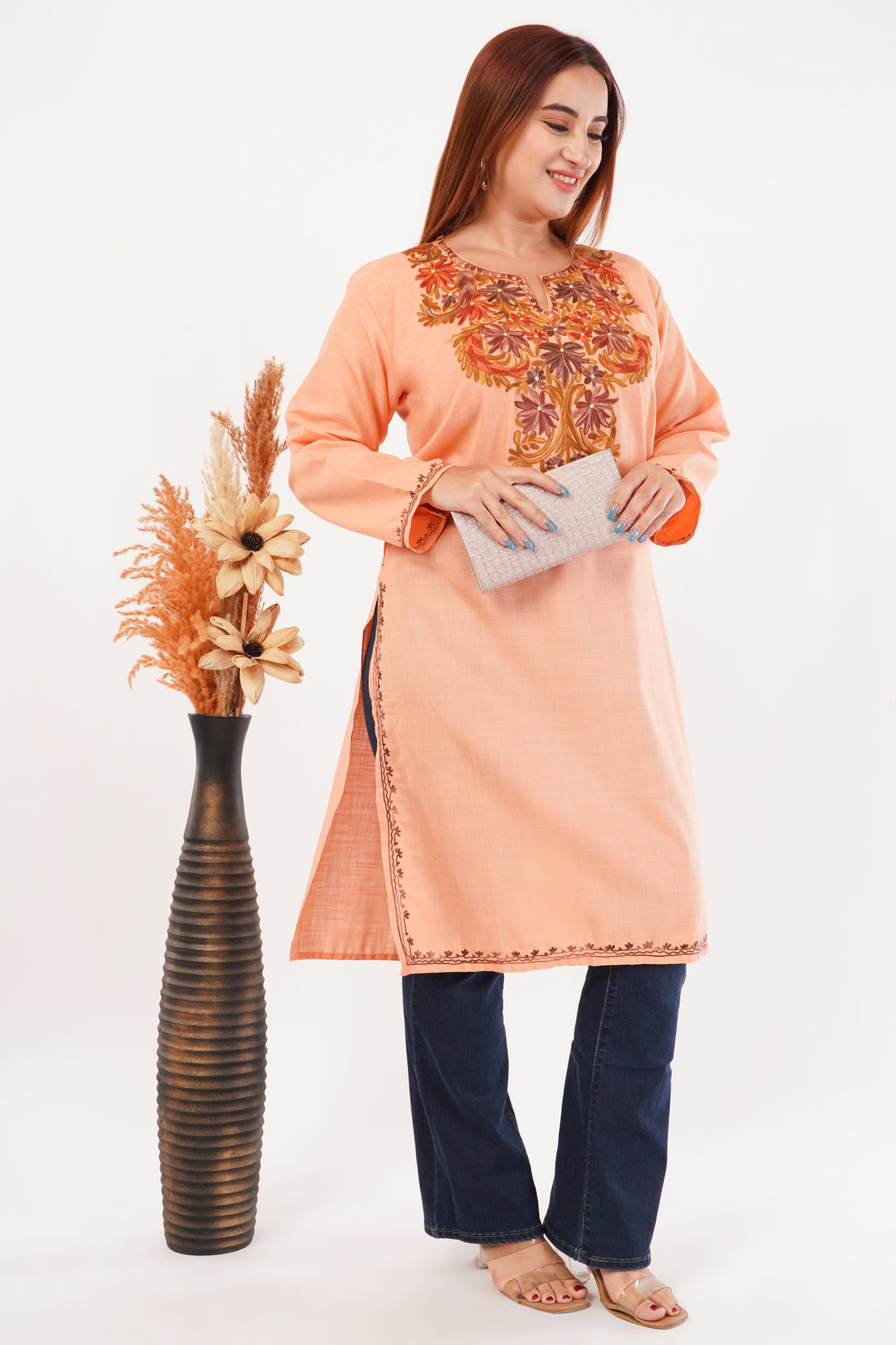 Kashmiri Aari embroidery Cotton Long Kurti Size-44(Peach)
