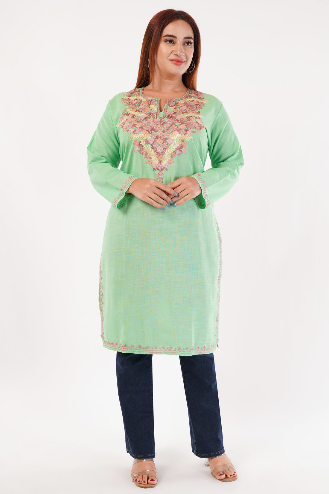 Kashmiri Aari embroidery Cotton Long Kurti Size-44(Green)