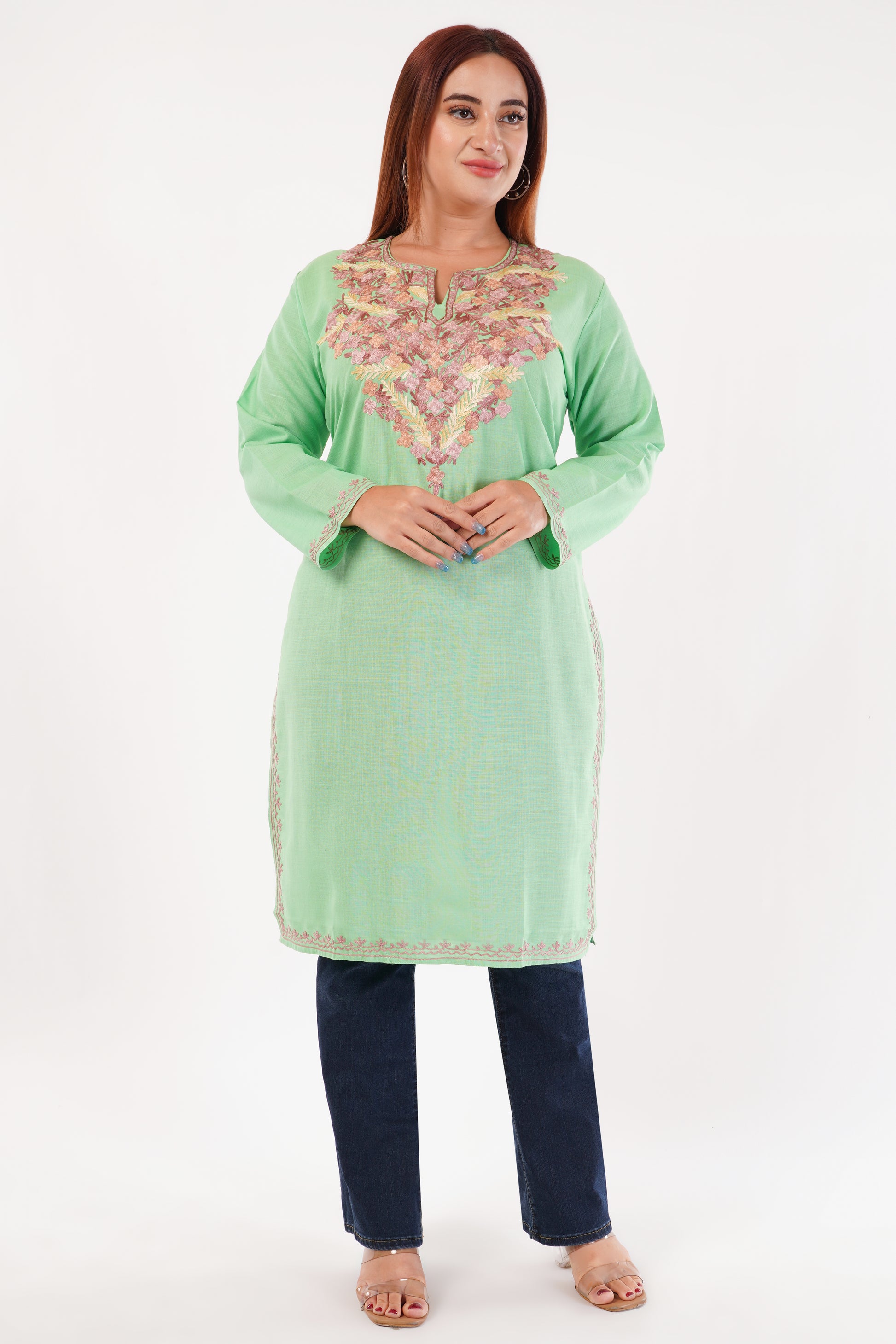 Kashmiri Aari embroidery Cotton Long Kurti Size-44(Green)