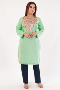 Kashmiri Aari embroidery Cotton Long Kurti Size-44(Green)