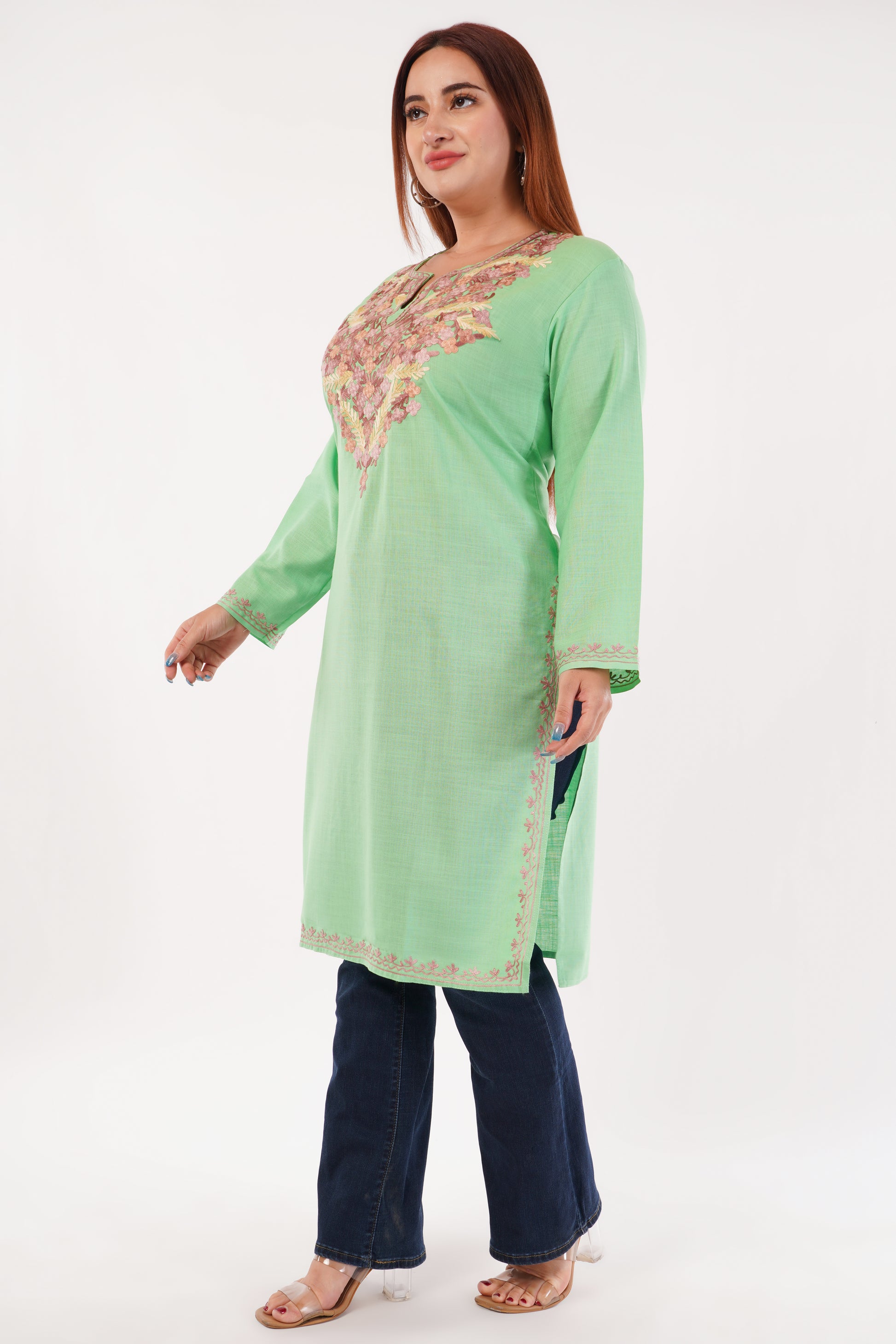 Kashmiri Aari embroidery Cotton Long Kurti Size-44(Green)
