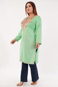 Kashmiri Aari embroidery Cotton Long Kurti Size-44(Green)