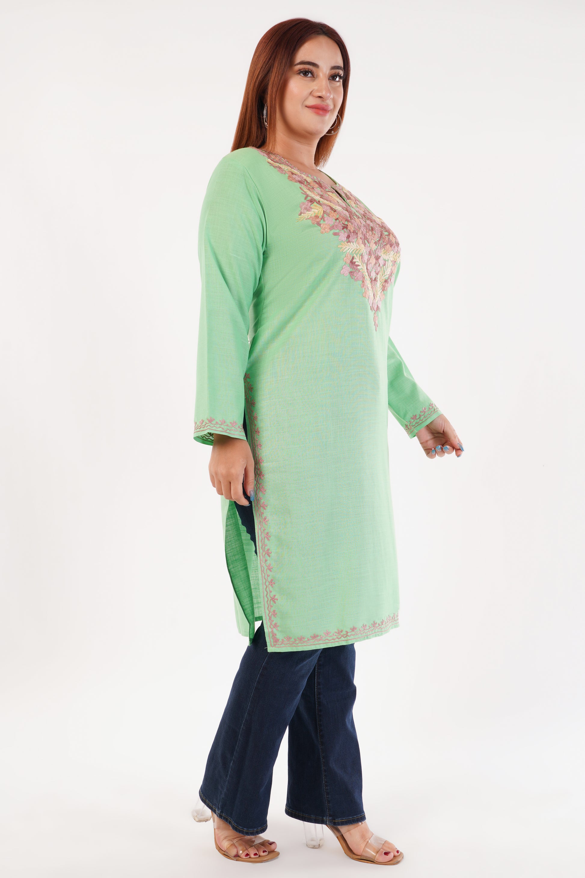 Kashmiri Aari embroidery Cotton Long Kurti Size-44(Green)
