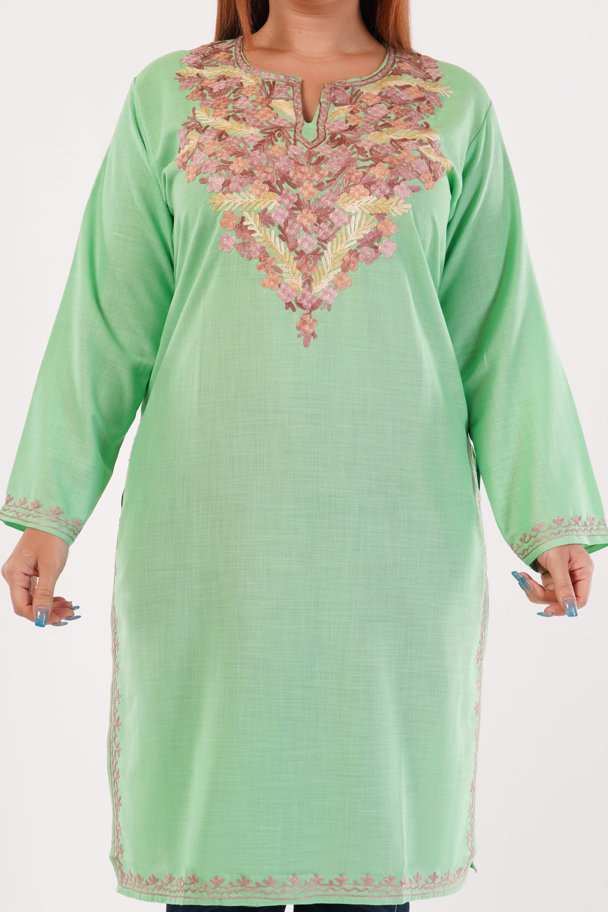 Kashmiri Aari embroidery Cotton Long Kurti Size-44(Green)