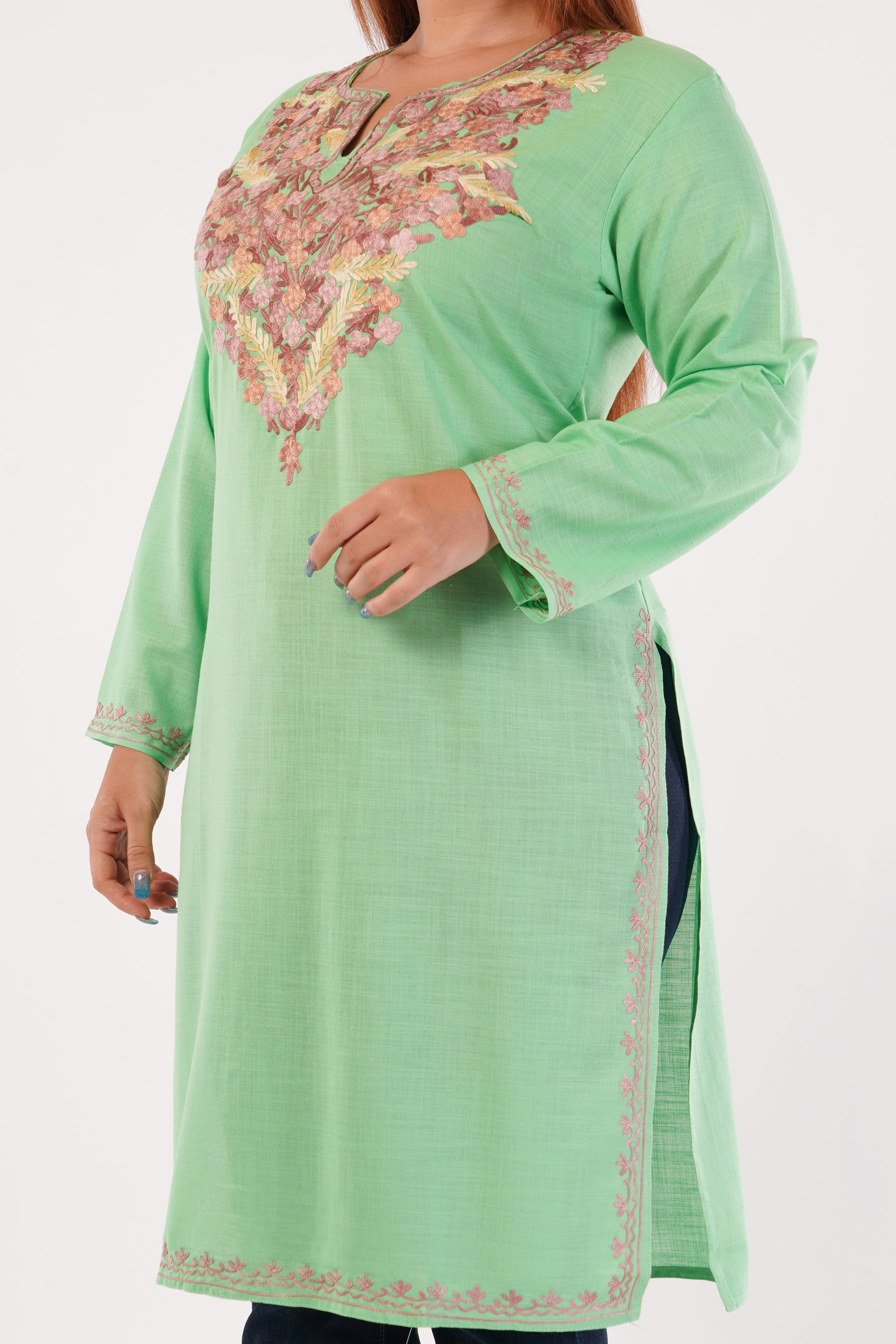 Kashmiri Aari embroidery Cotton Long Kurti Size-44(Green)