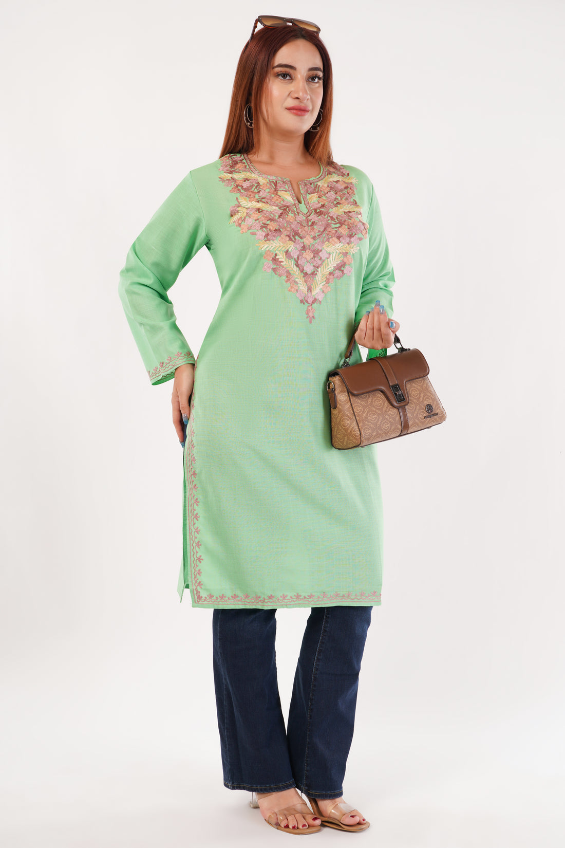 Kashmiri Aari embroidery Cotton Long Kurti Size-44(Green)