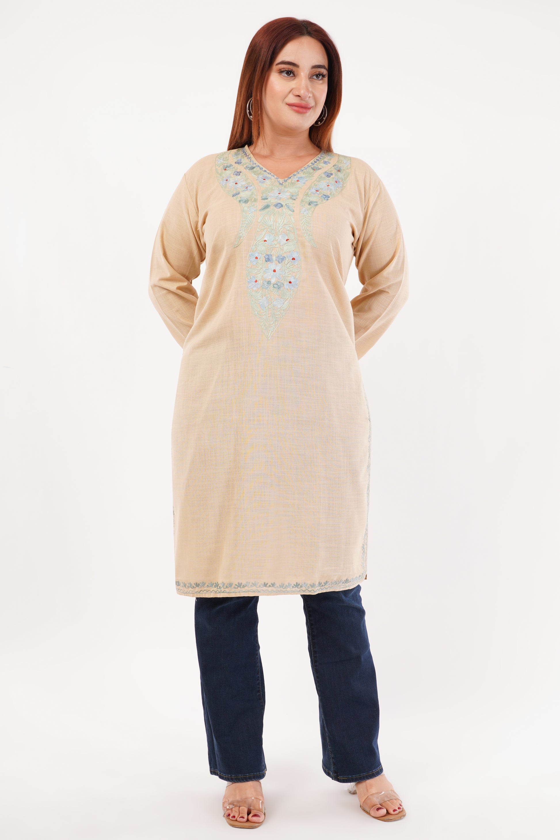 Kashmiri Aari embroidery Cotton Long Kurti Size-44(Beige)