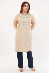 Kashmiri Aari embroidery Cotton Long Kurti Size-44(Beige)