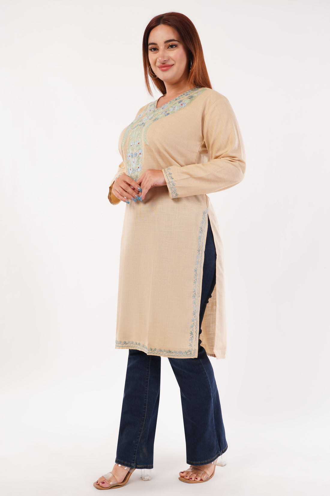 Kashmiri Aari embroidery Cotton Long Kurti Size-44(Beige)
