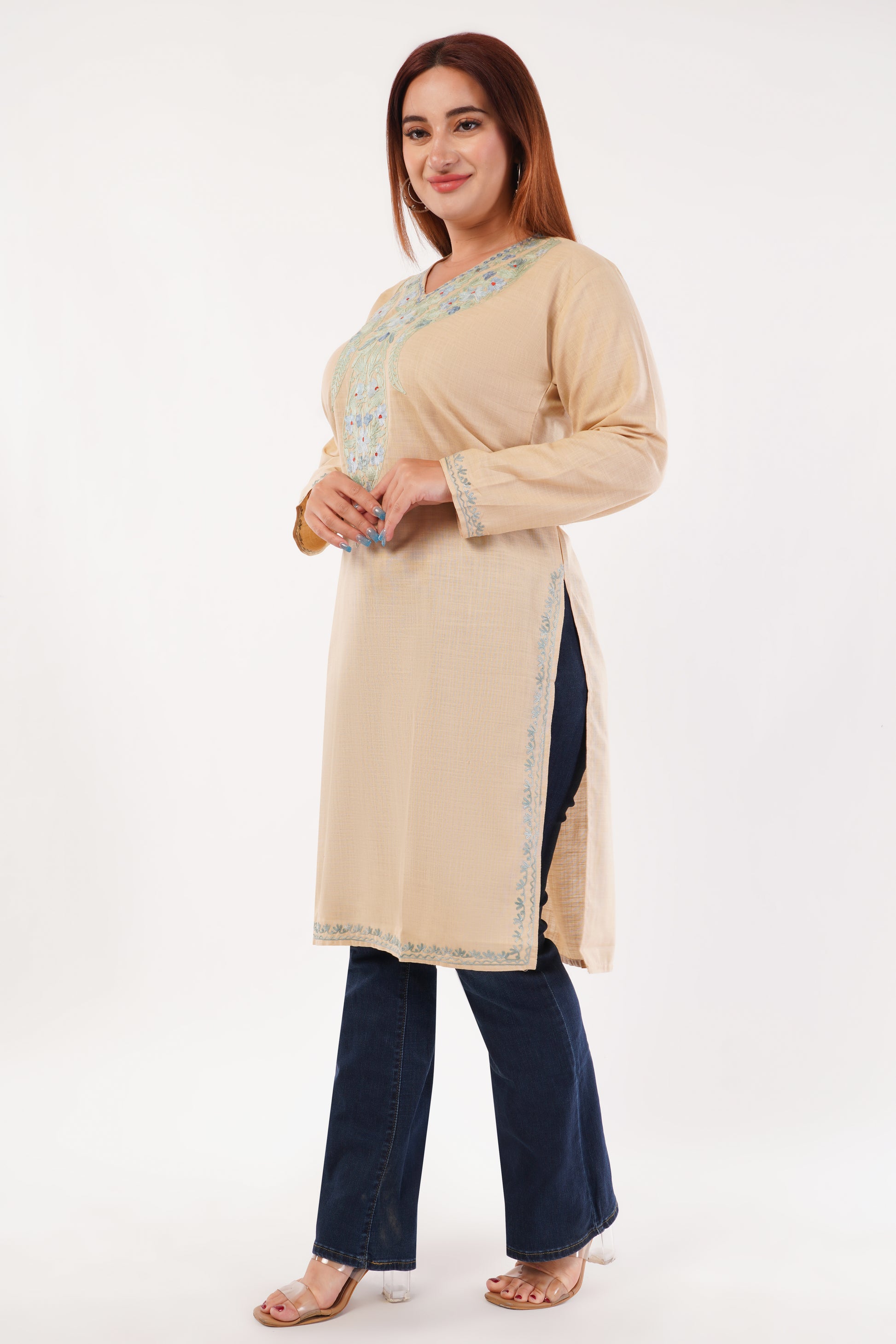 Kashmiri Aari embroidery Cotton Long Kurti Size-44(Beige)