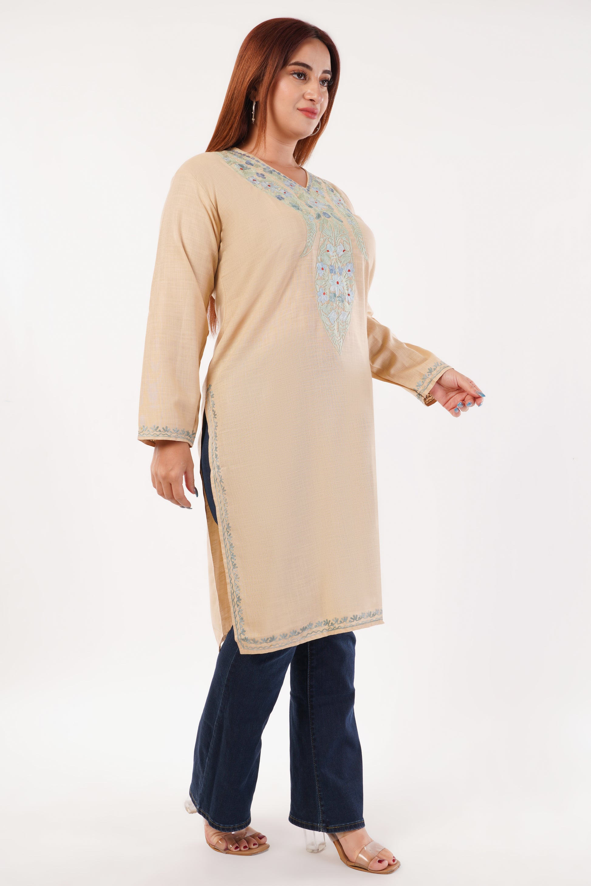 Kashmiri Aari embroidery Cotton Long Kurti Size-44(Beige)