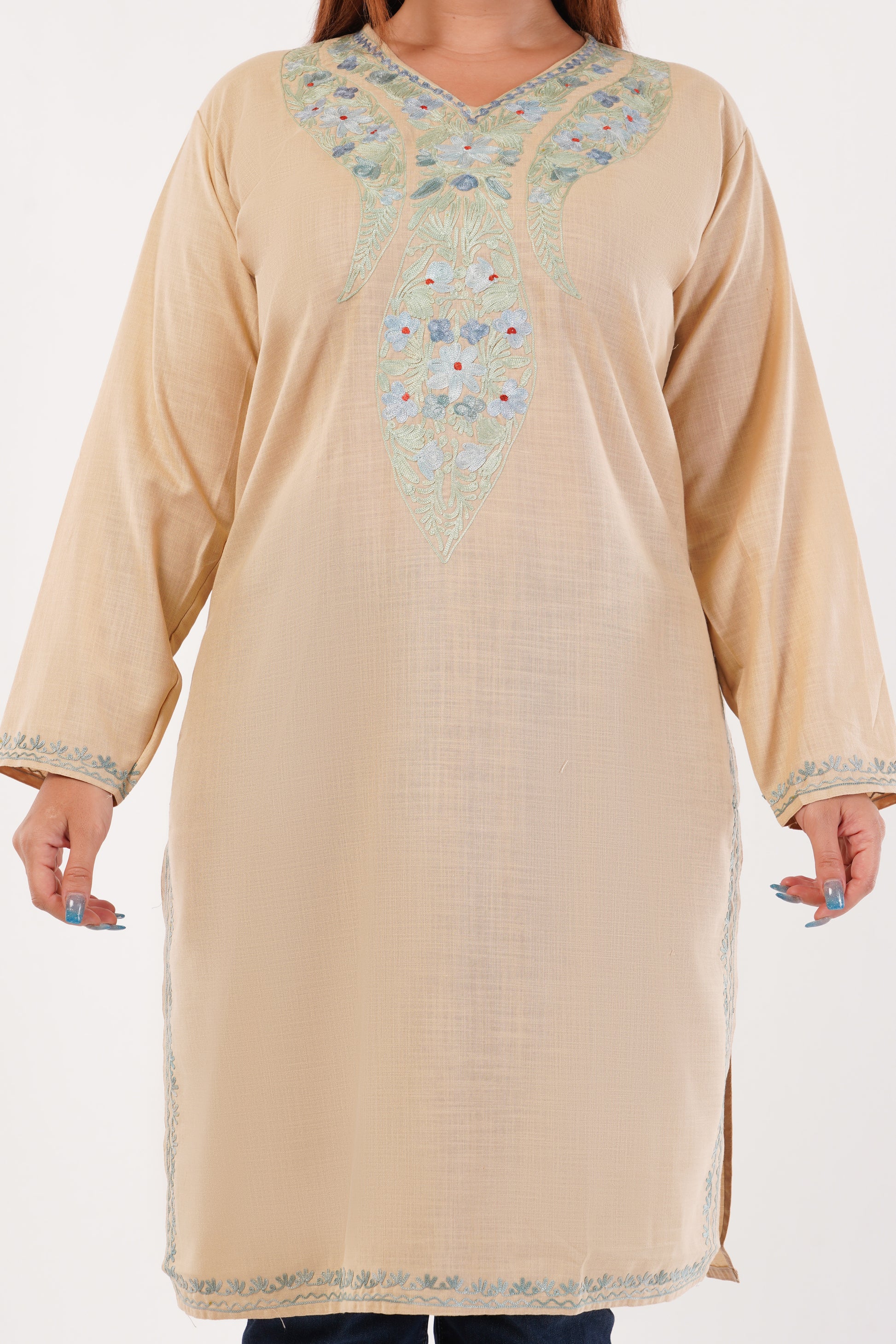Kashmiri Aari embroidery Cotton Long Kurti Size-44(Beige)