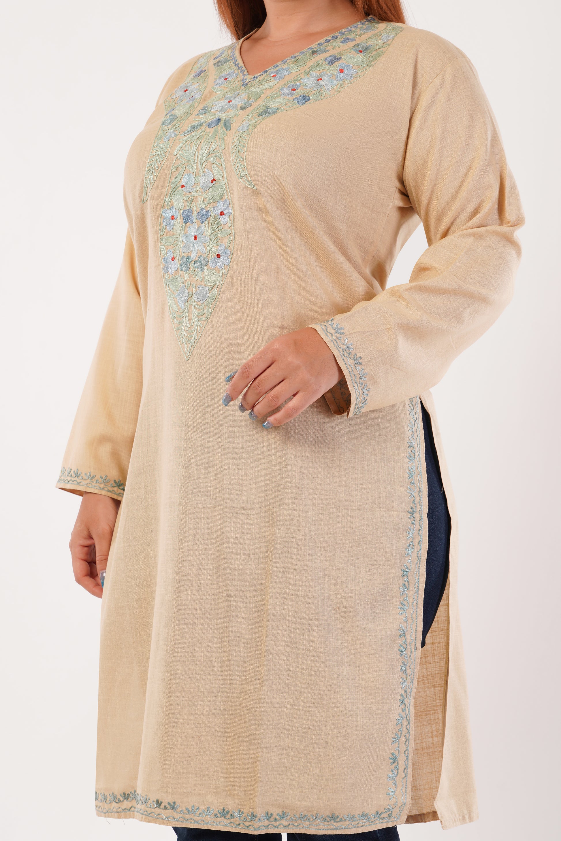 Kashmiri Aari embroidery Cotton Long Kurti Size-44(Beige)