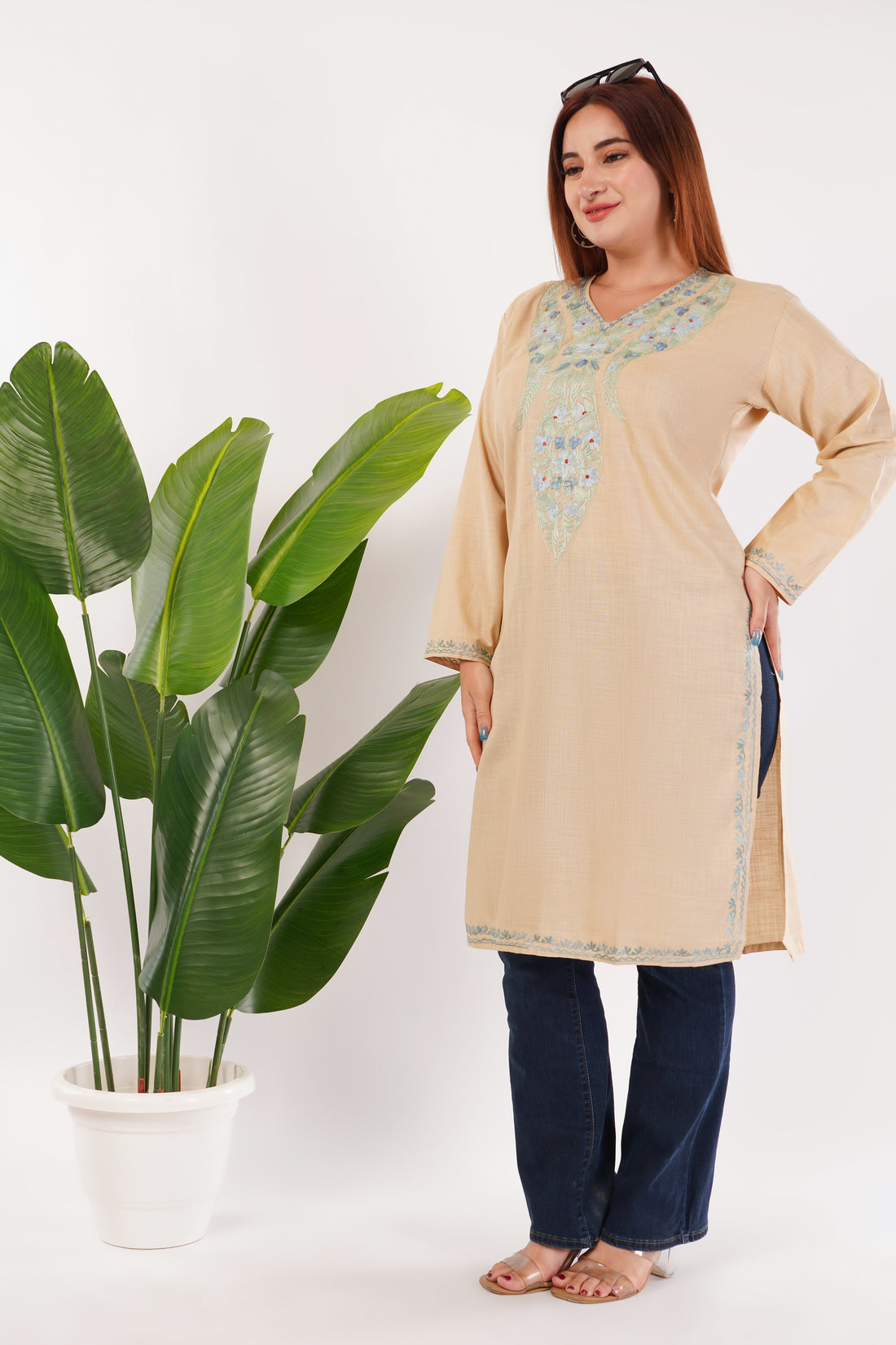 Kashmiri Aari embroidery Cotton Long Kurti Size-44(Beige)