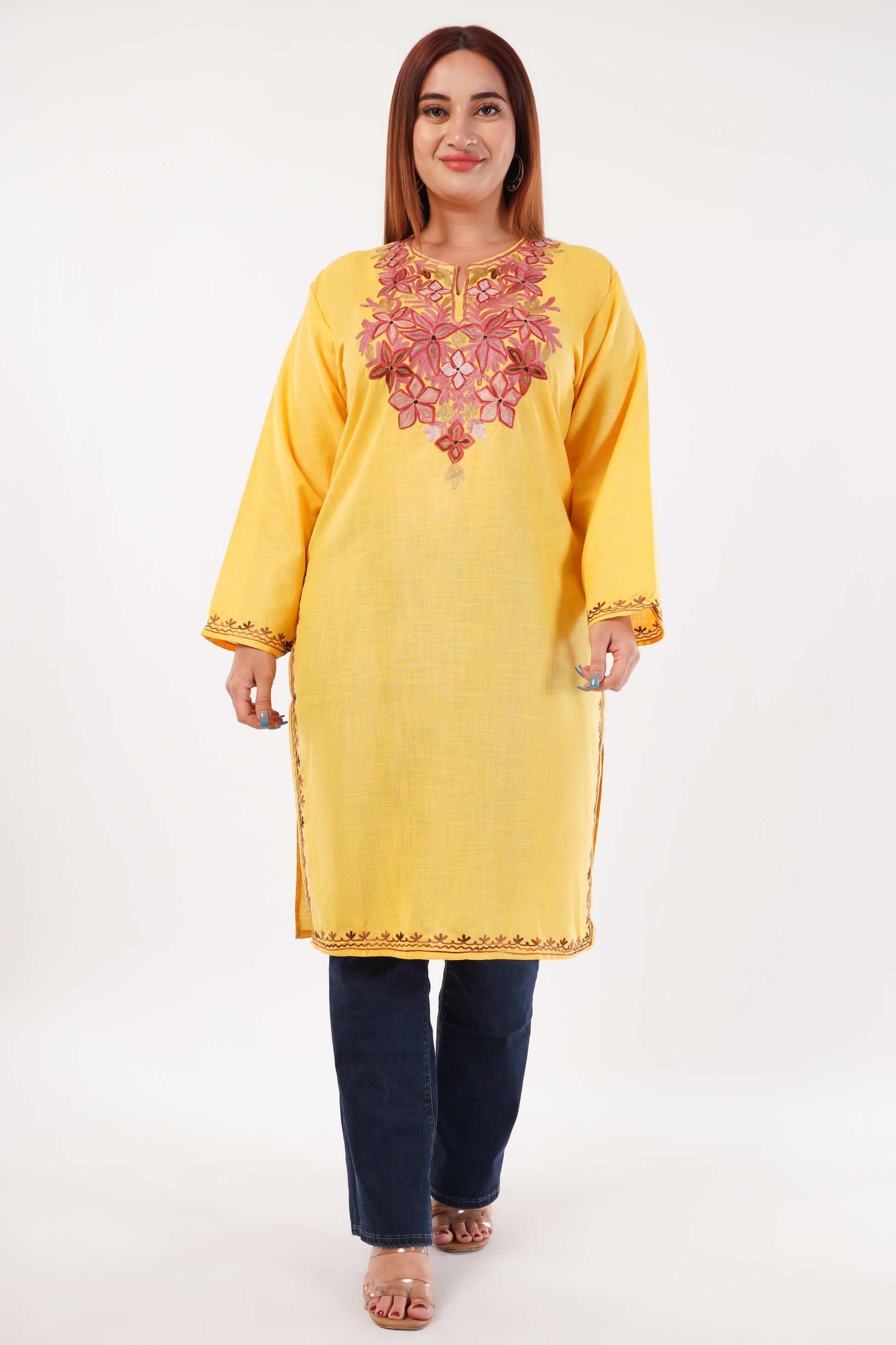 Kashmiri Aari embroidery Cotton Long Kurti Size-44(Yellow)