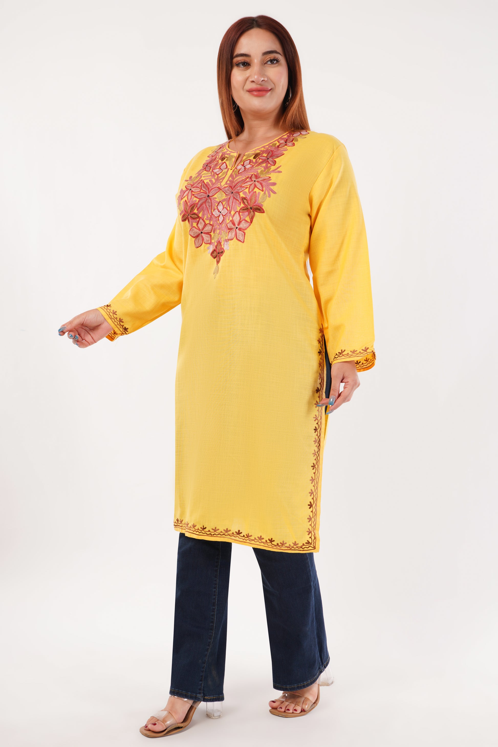Kashmiri Aari embroidery Cotton Long Kurti Size-44(Yellow)