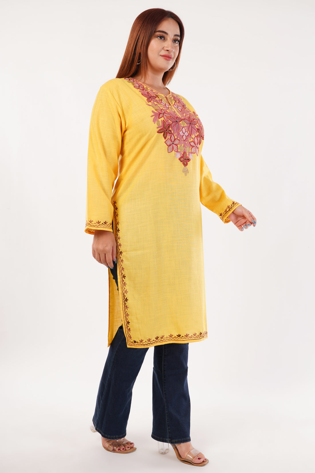 Kashmiri Aari embroidery Cotton Long Kurti Size-44(Yellow)