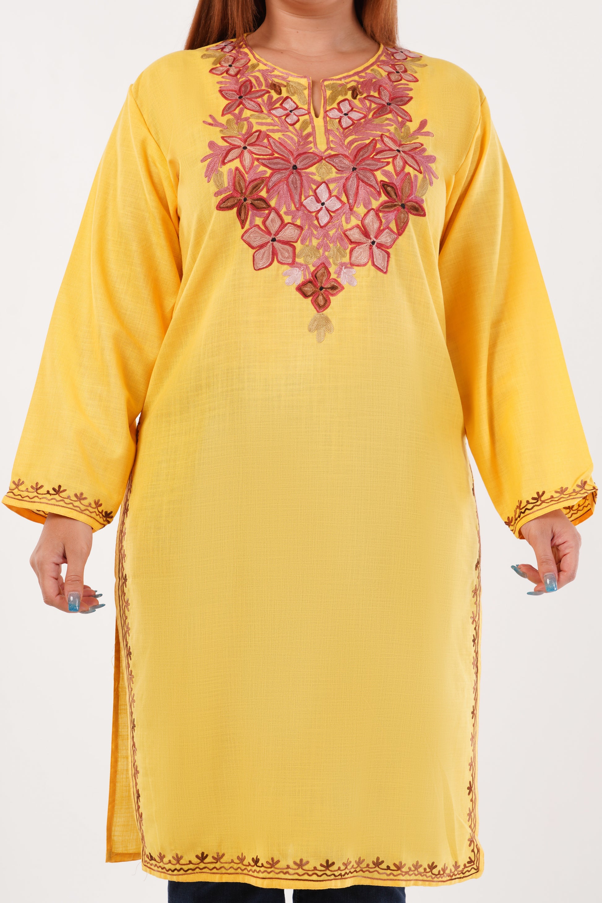 Kashmiri Aari embroidery Cotton Long Kurti Size-44(Yellow)