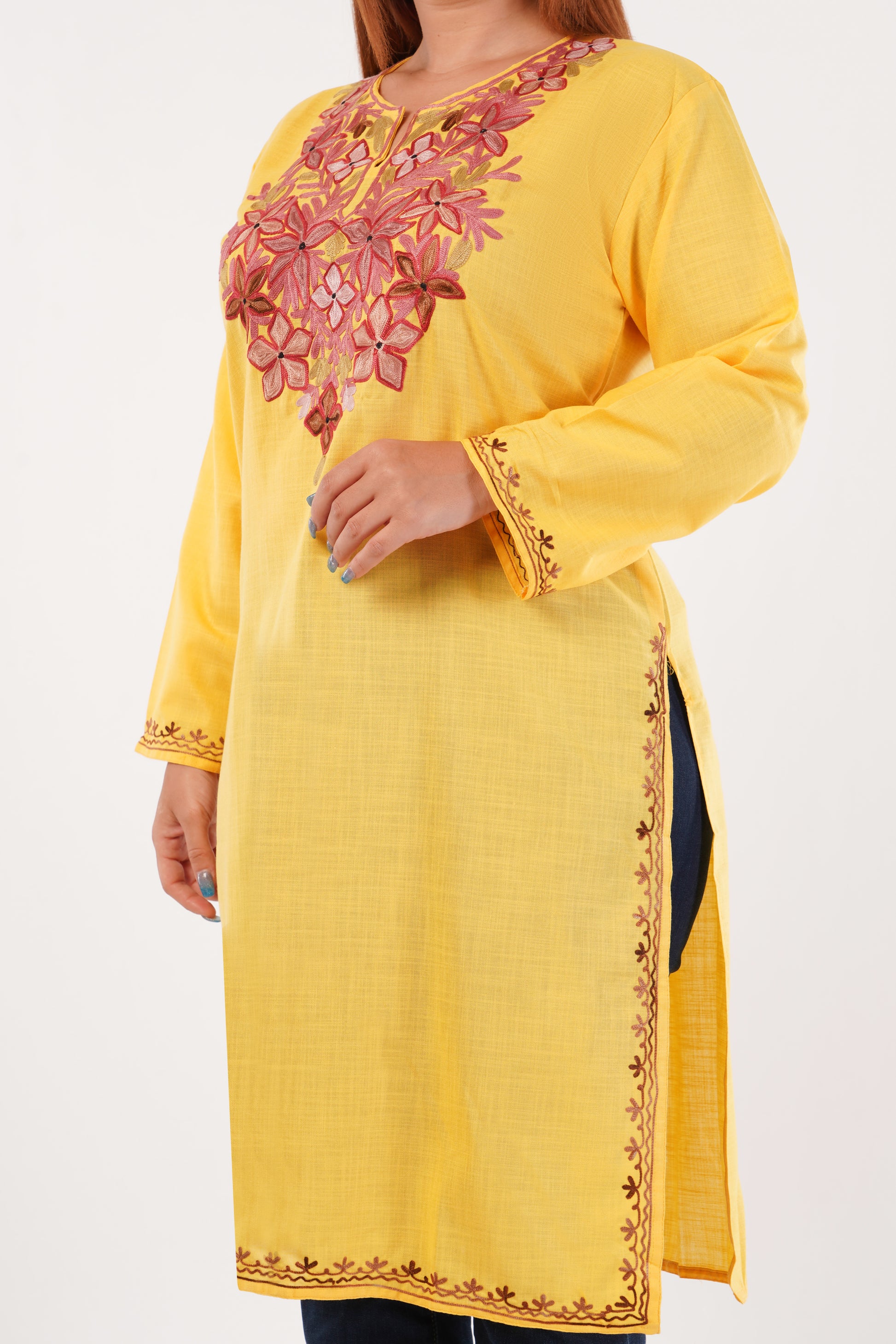 Kashmiri Aari embroidery Cotton Long Kurti Size-44(Yellow)