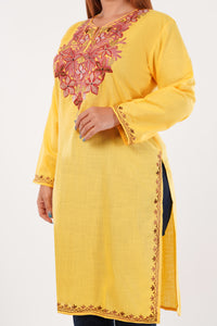 Kashmiri Aari embroidery Cotton Long Kurti Size-44(Yellow)