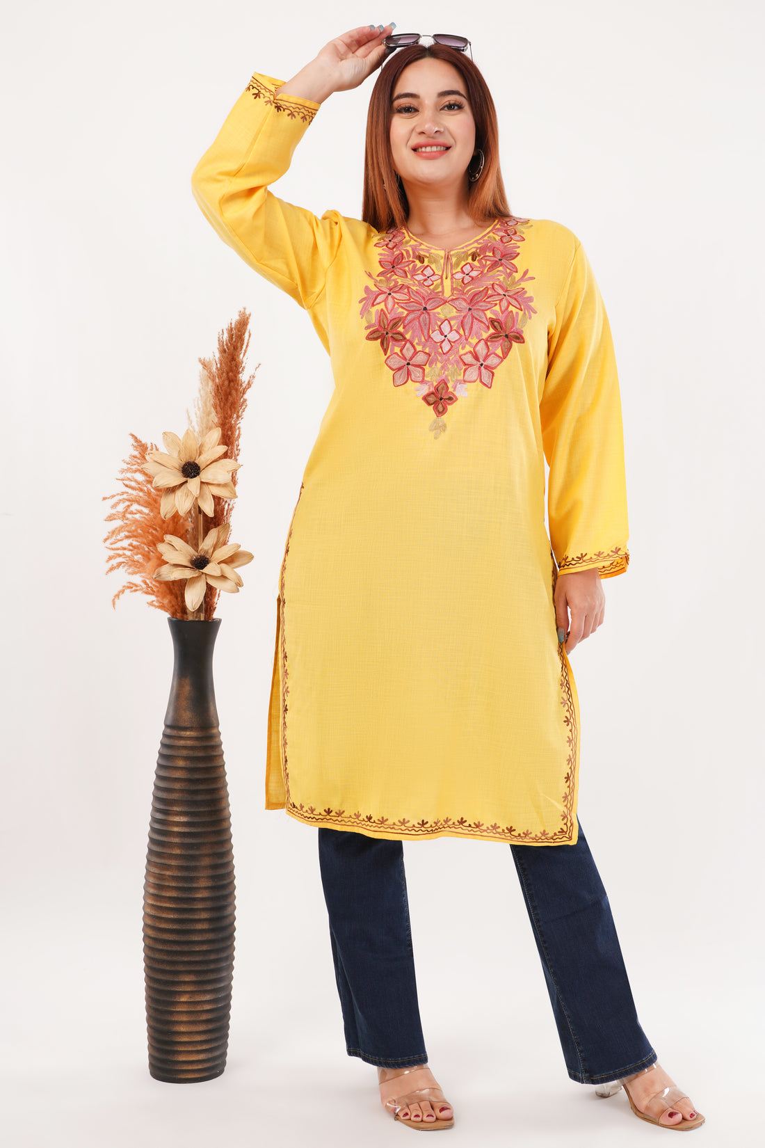 Kashmiri Aari embroidery Cotton Long Kurti Size-44(Yellow)
