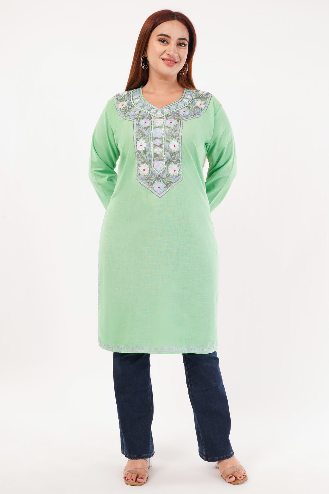 Kashmiri Aari embroidery Cotton Long Kurti Size-44(Green)