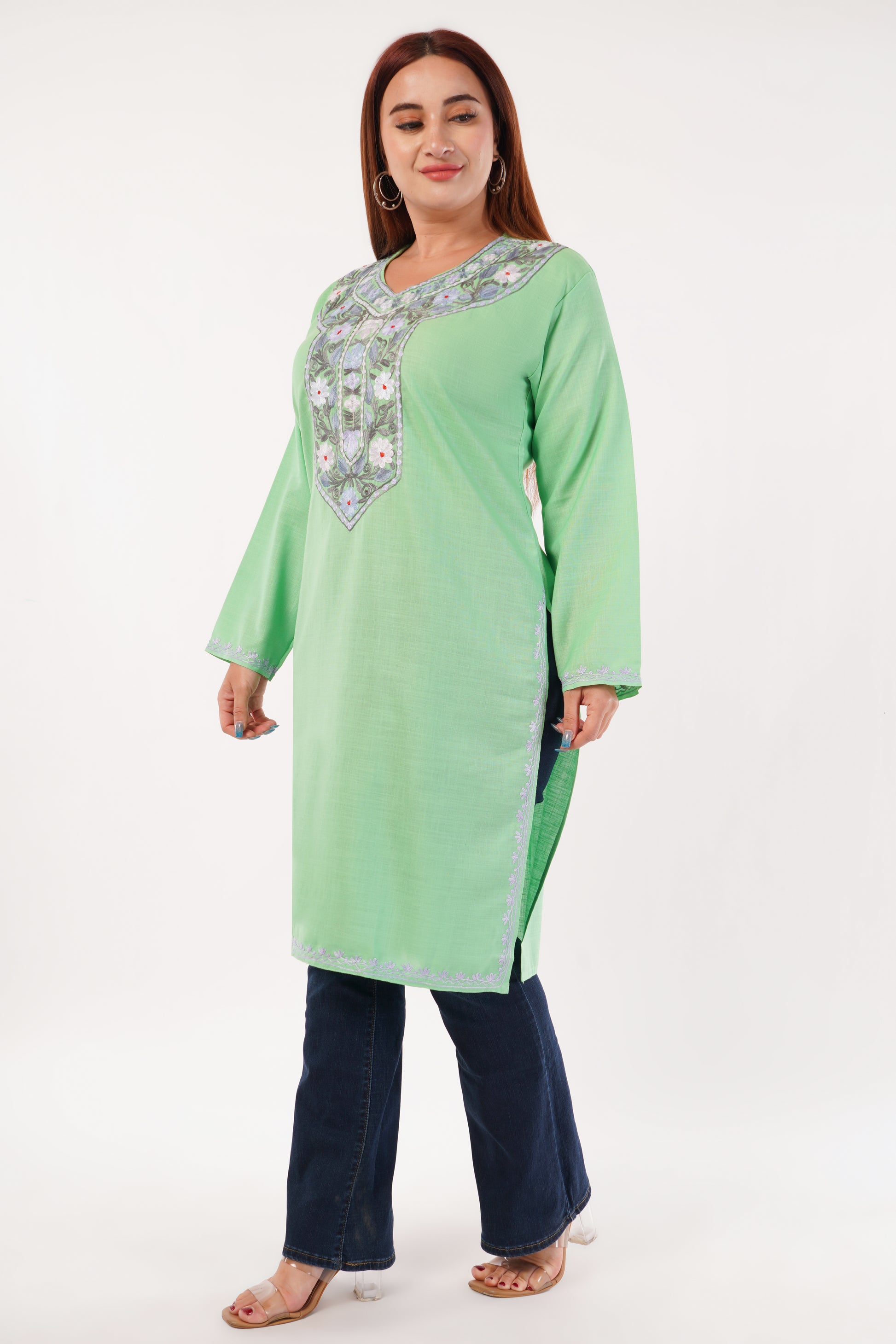 Kashmiri Aari embroidery Cotton Long Kurti Size-44(Green)