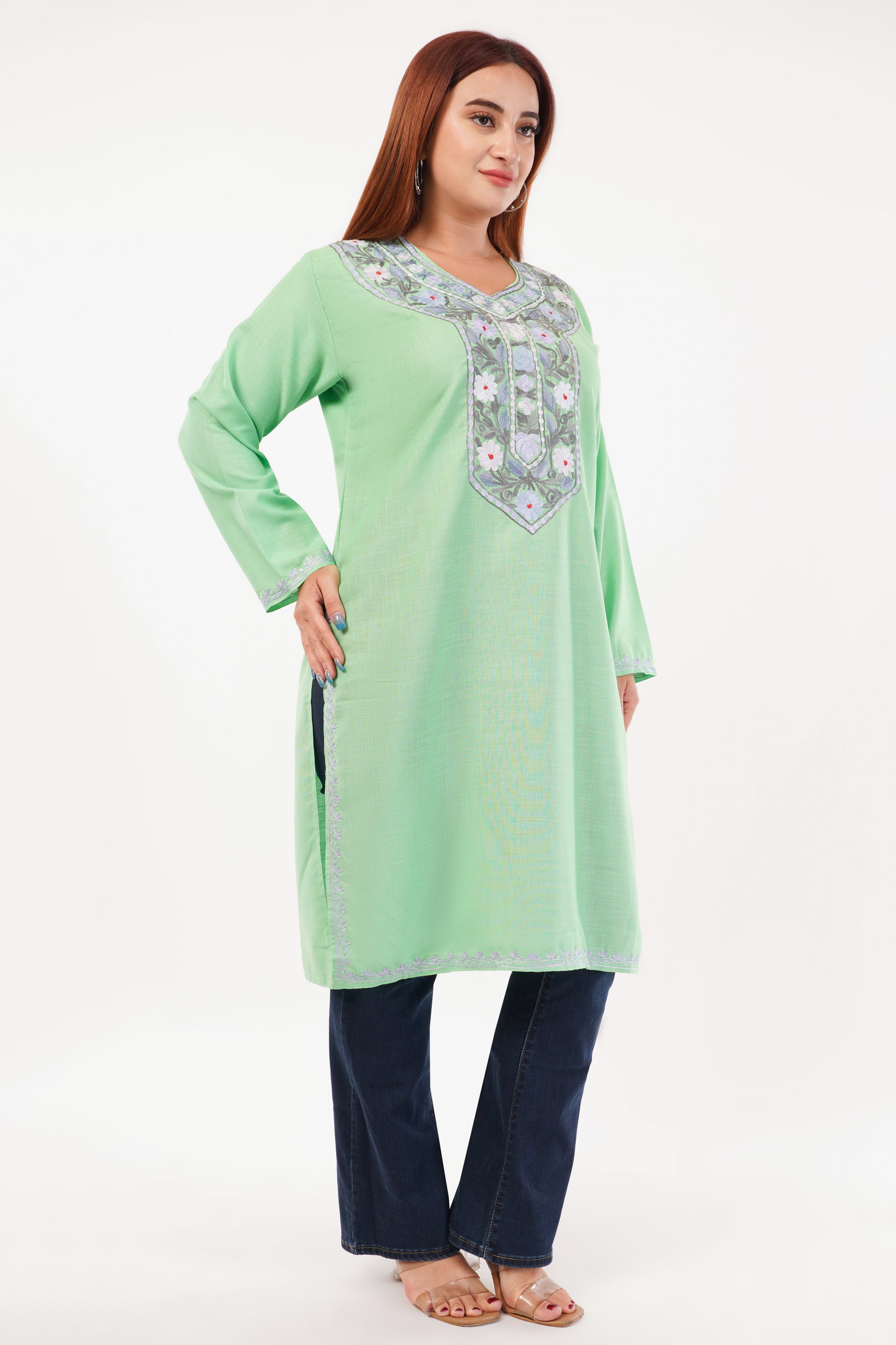 Kashmiri Aari embroidery Cotton Long Kurti Size-44(Green)