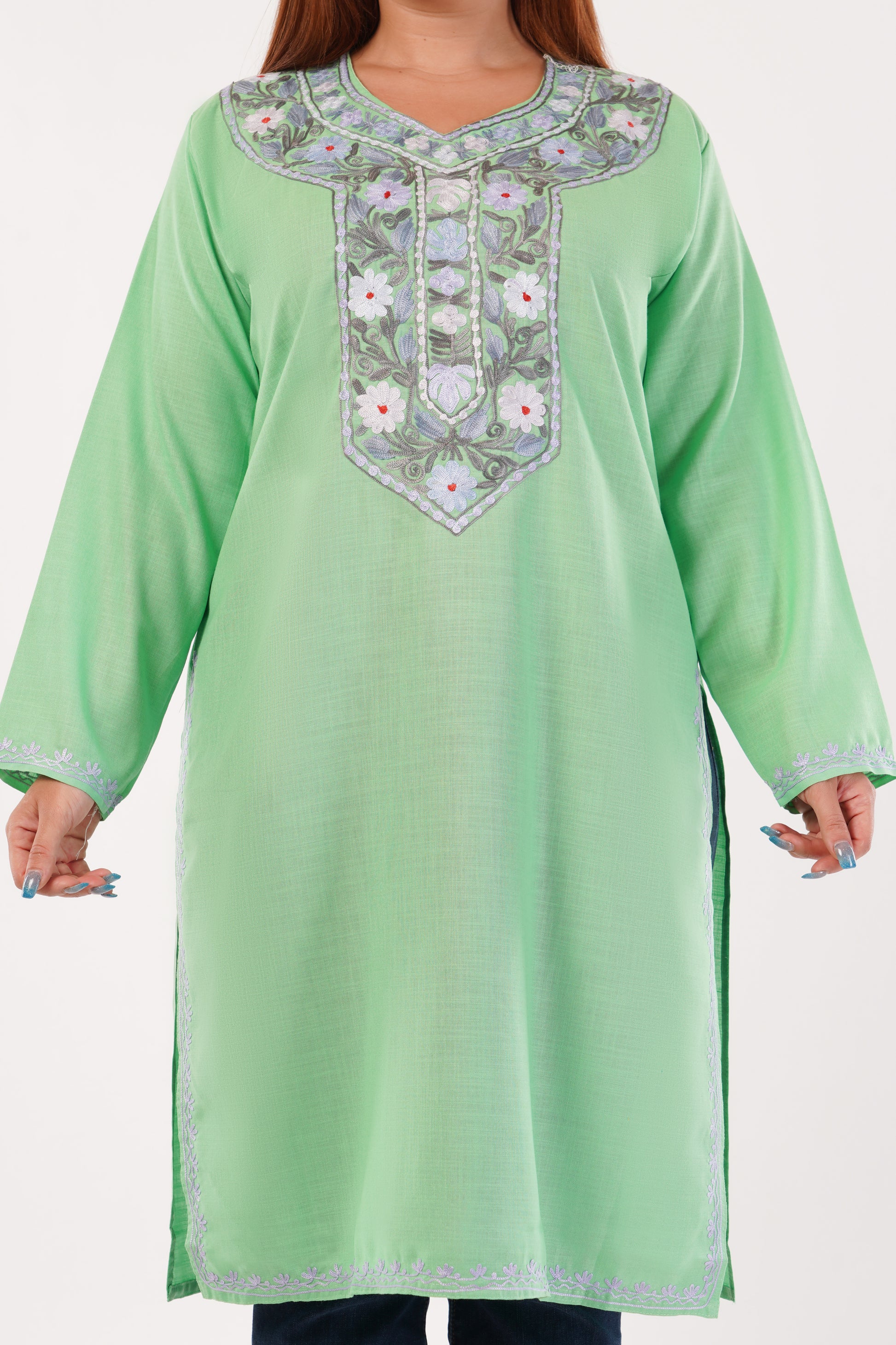 Kashmiri Aari embroidery Cotton Long Kurti Size-44(Green)