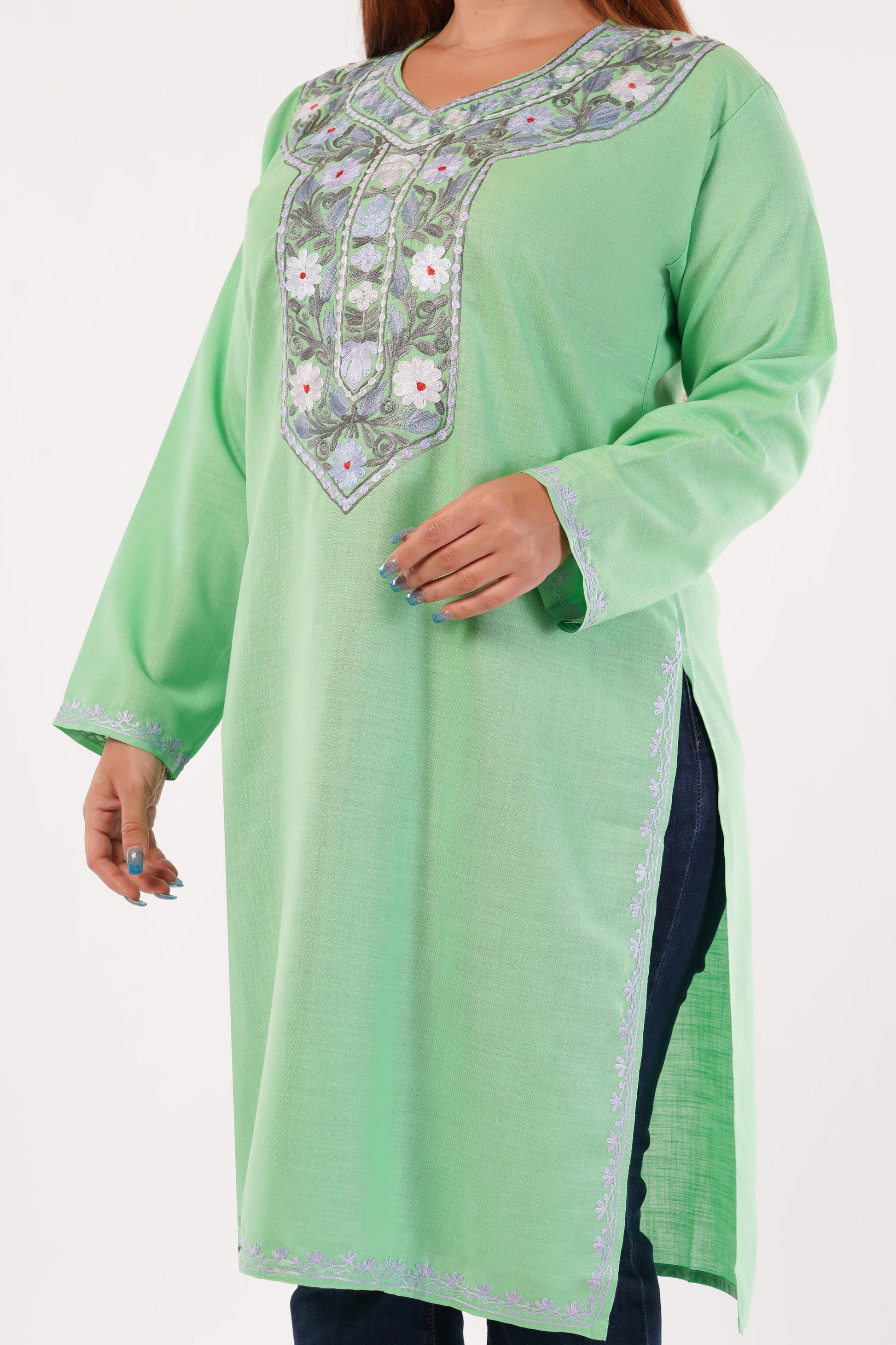 Kashmiri Aari embroidery Cotton Long Kurti Size-44(Green)