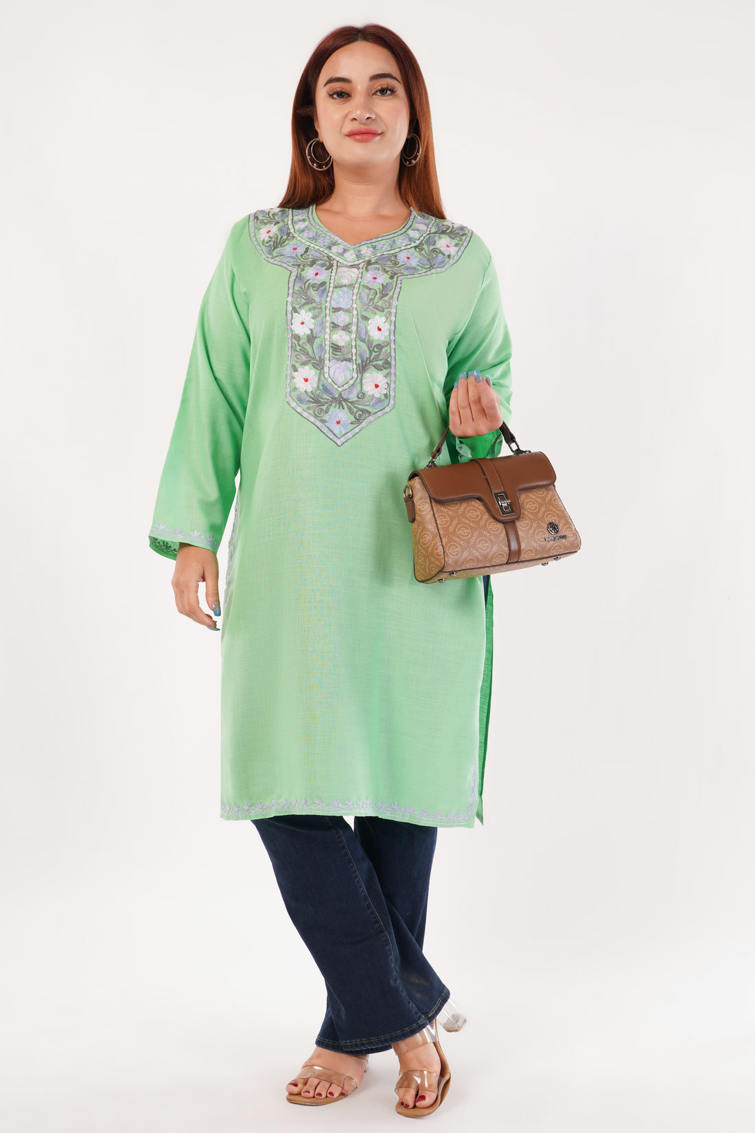 Kashmiri Aari embroidery Cotton Long Kurti Size-44(Green)