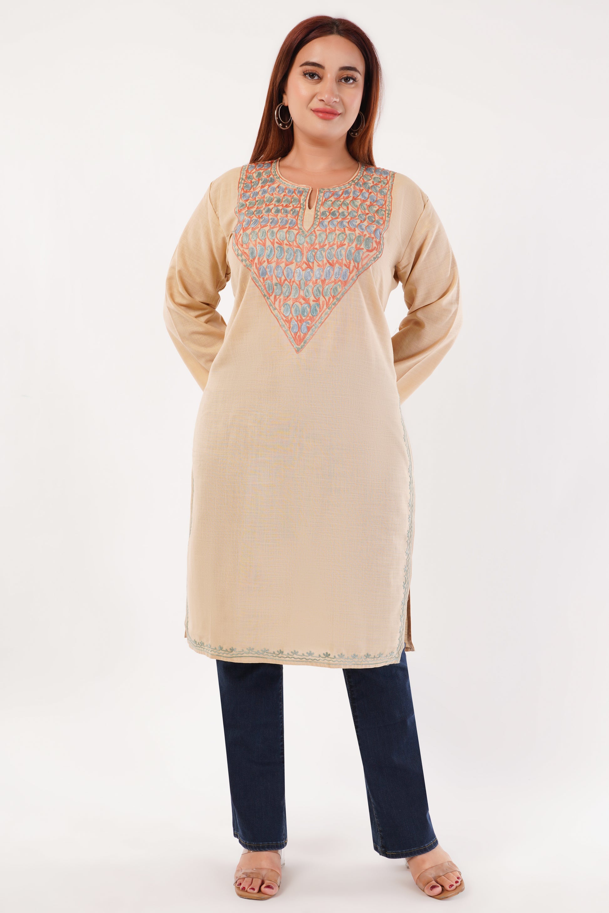 Kashmiri Aari embroidery Cotton Long Kurti Size-44(Beige)