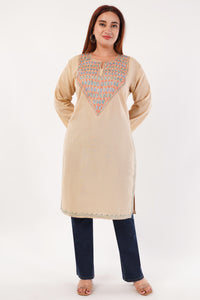 Kashmiri Aari embroidery Cotton Long Kurti Size-44(Beige)