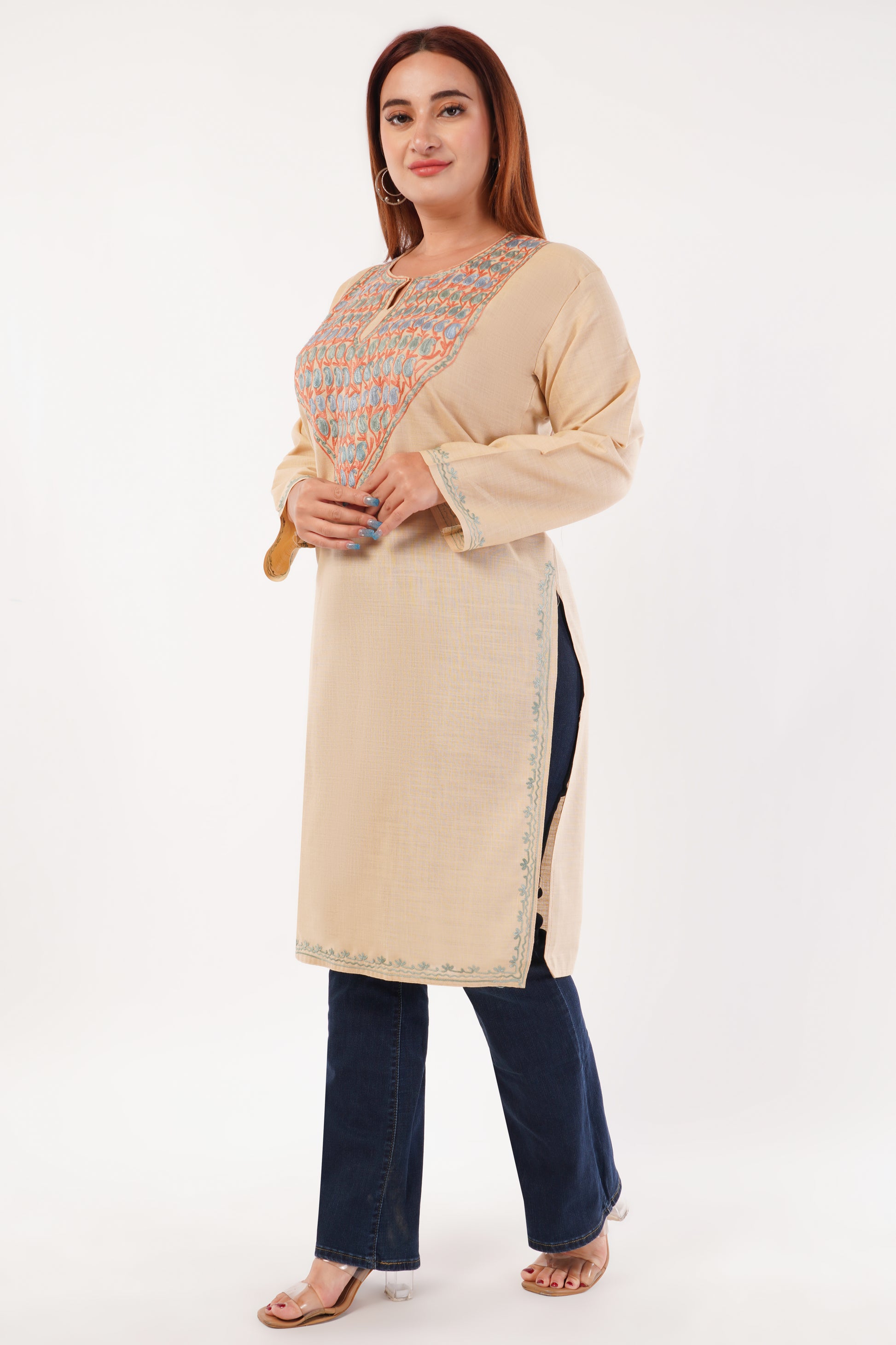 Kashmiri Aari embroidery Cotton Long Kurti Size-44(Beige)