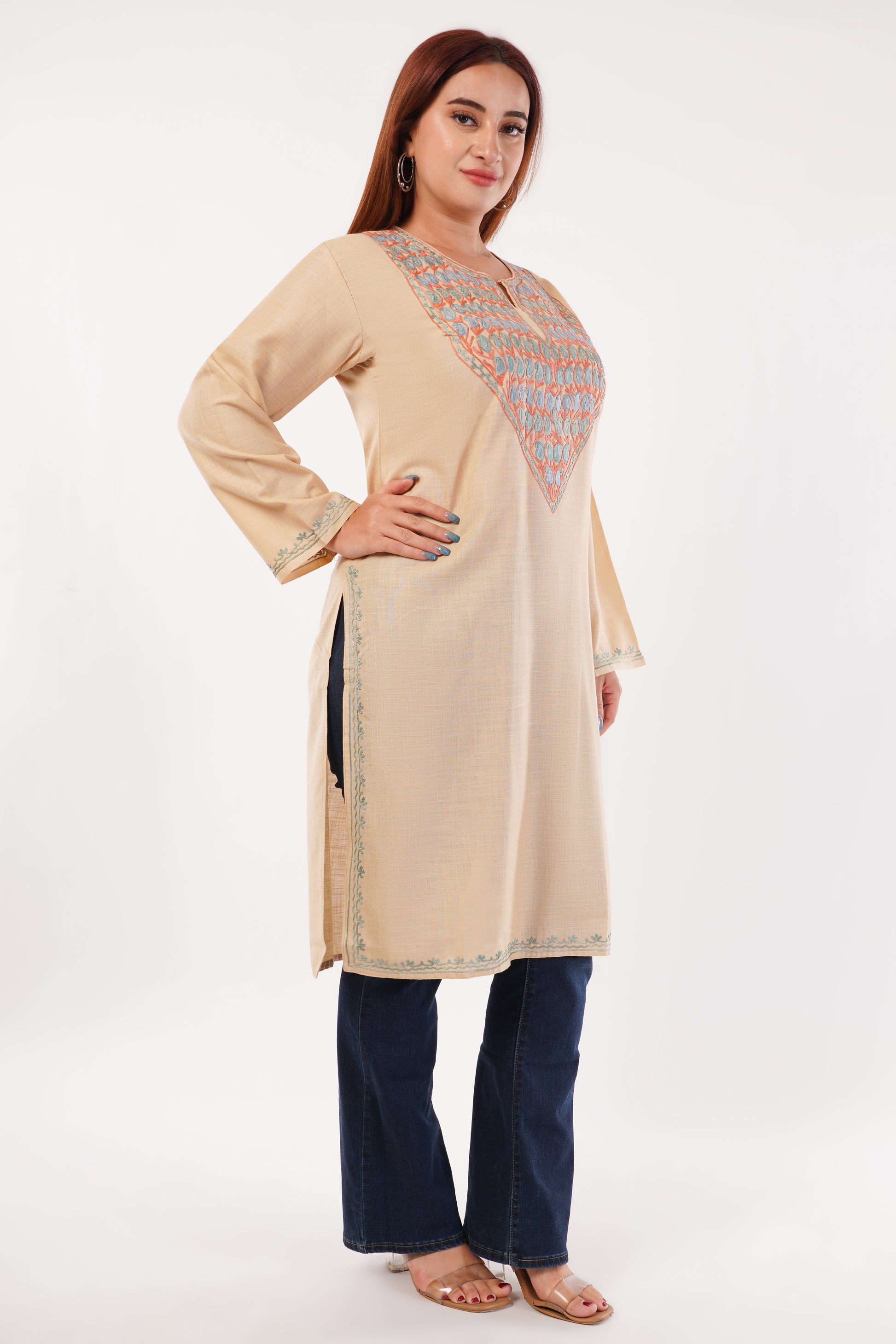 Kashmiri Aari embroidery Cotton Long Kurti Size-44(Beige)