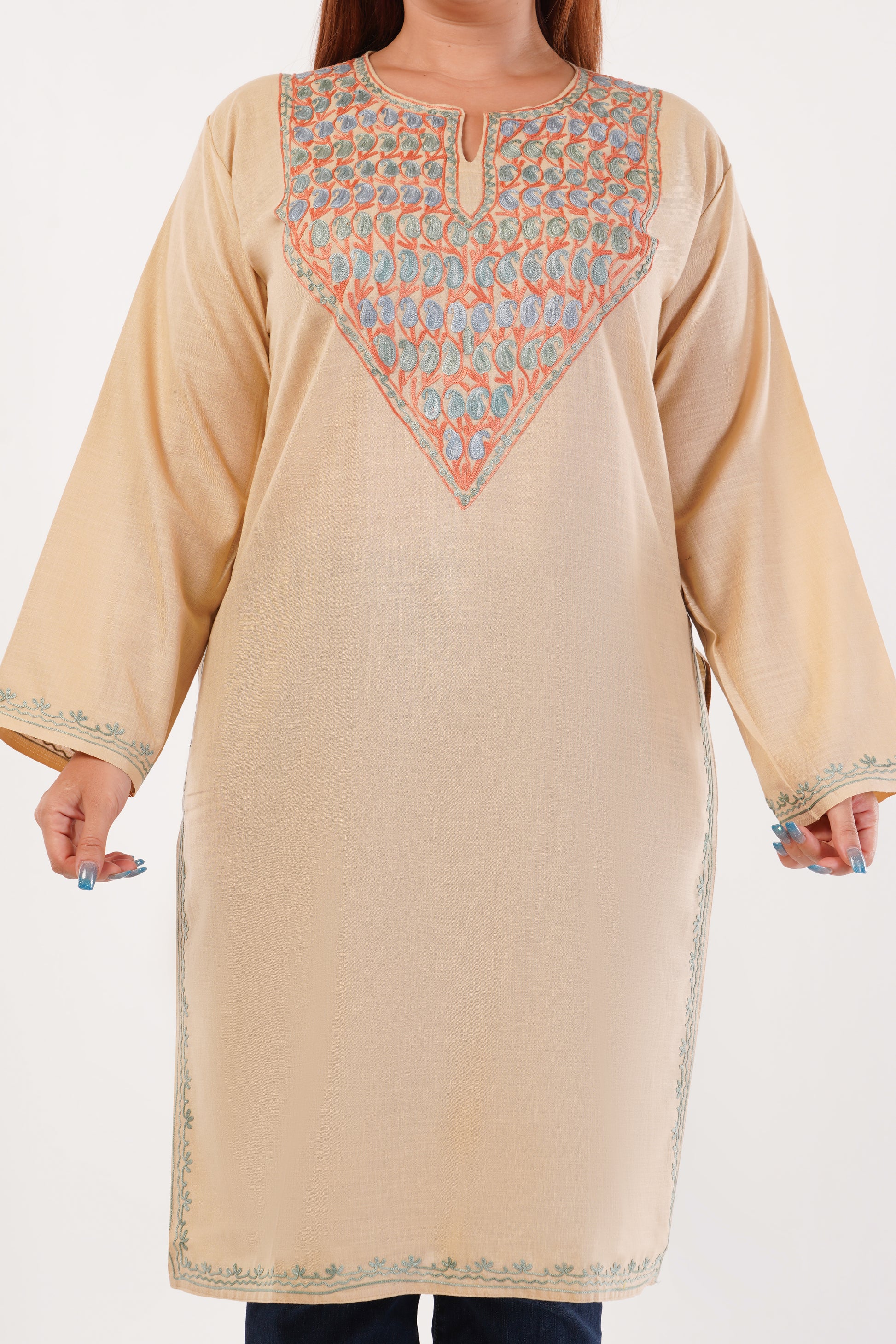 Kashmiri Aari embroidery Cotton Long Kurti Size-44(Beige)
