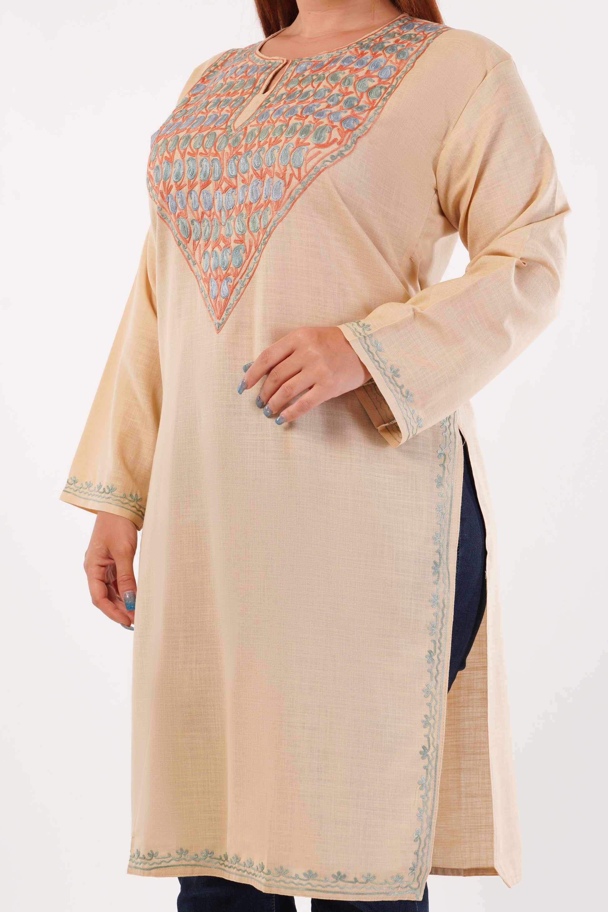 Kashmiri Aari embroidery Cotton Long Kurti Size-44(Beige)