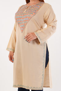 Kashmiri Aari embroidery Cotton Long Kurti Size-44(Beige)