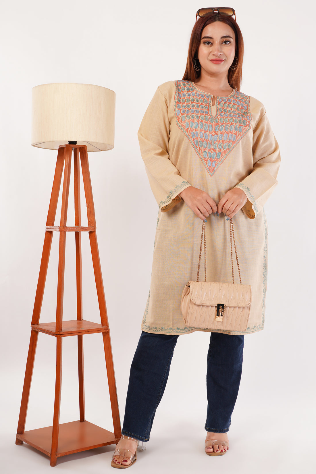 Kashmiri Aari embroidery Cotton Long Kurti Size-44(Beige)
