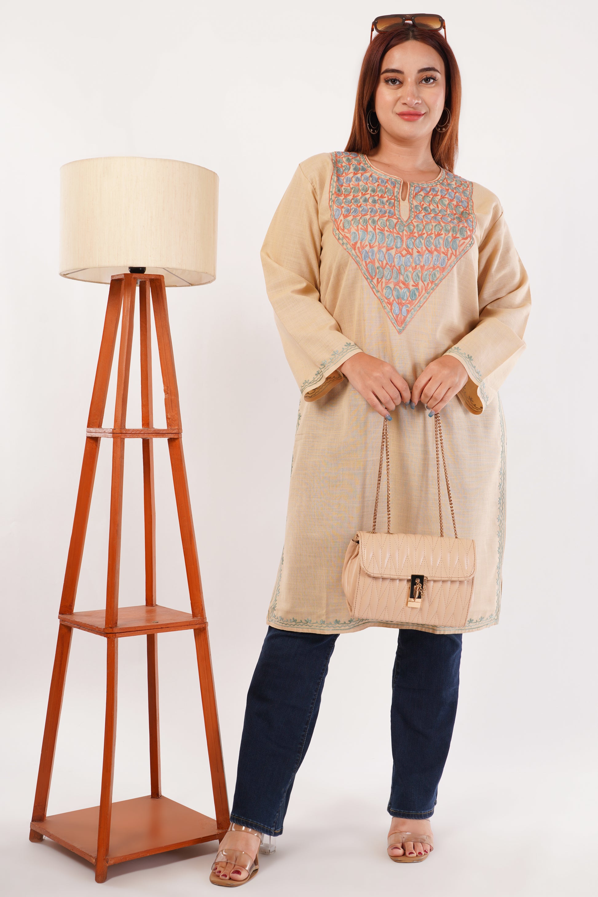 Kashmiri Aari embroidery Cotton Long Kurti Size-44(Beige)