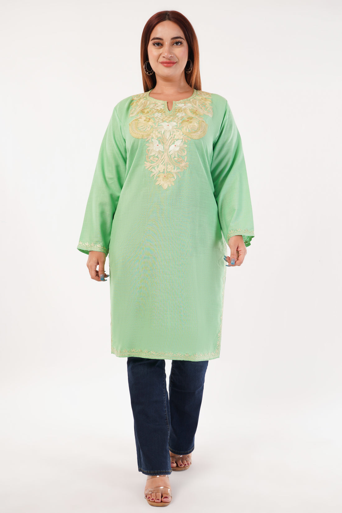 Kashmiri Aari embroidery Cotton Long Kurti Size-44(Green)