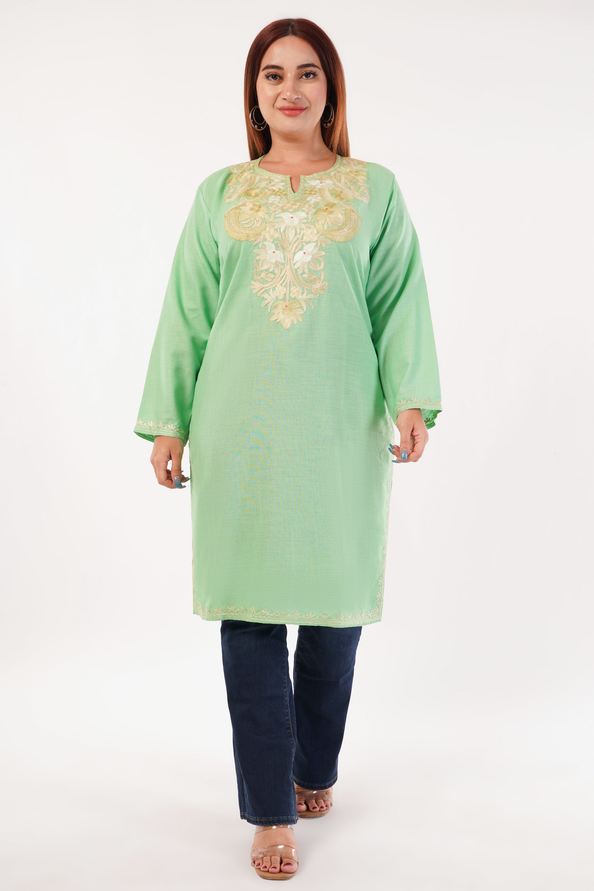 Kashmiri Aari embroidery Cotton Long Kurti Size-44(Green)