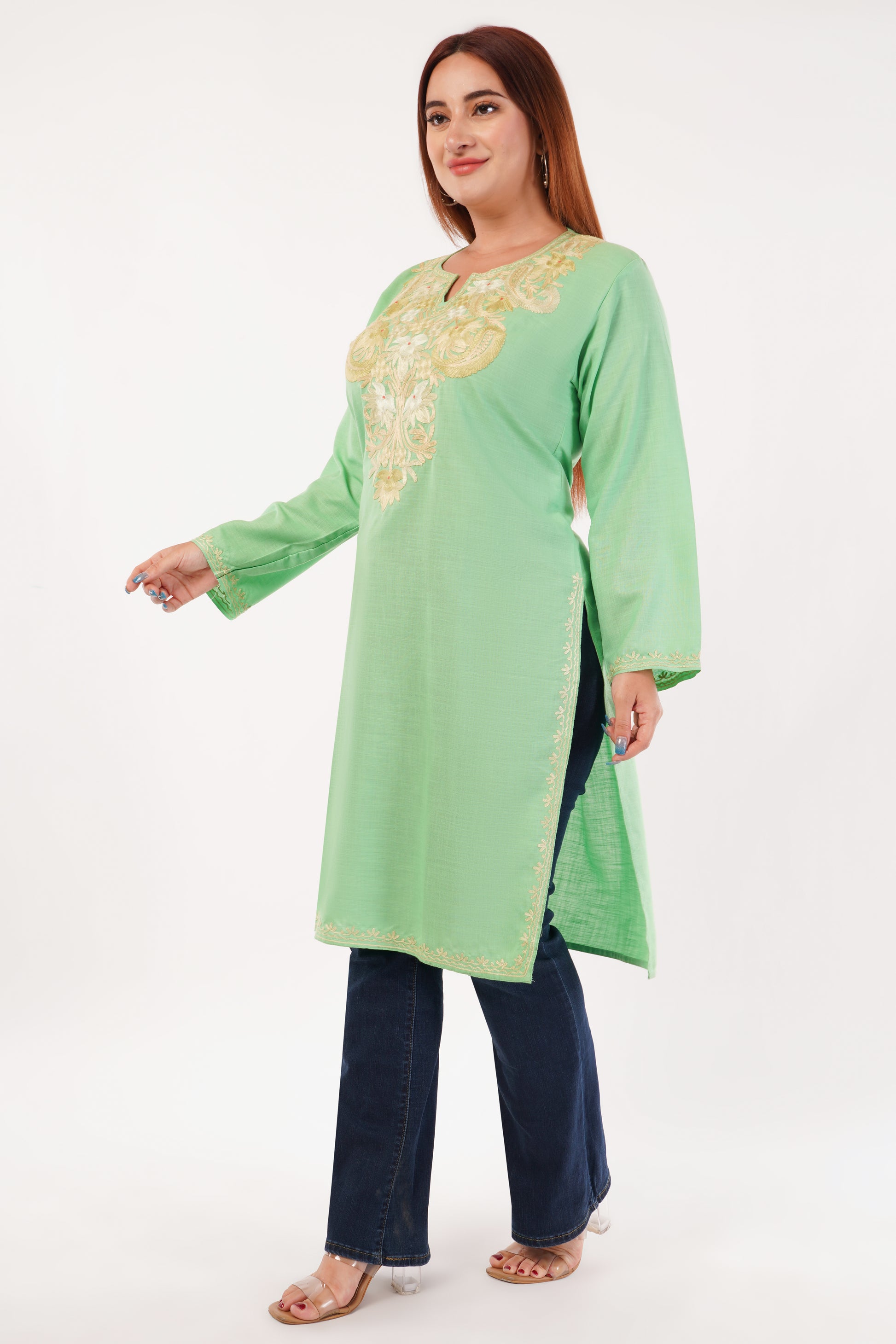 Kashmiri Aari embroidery Cotton Long Kurti Size-44(Green)