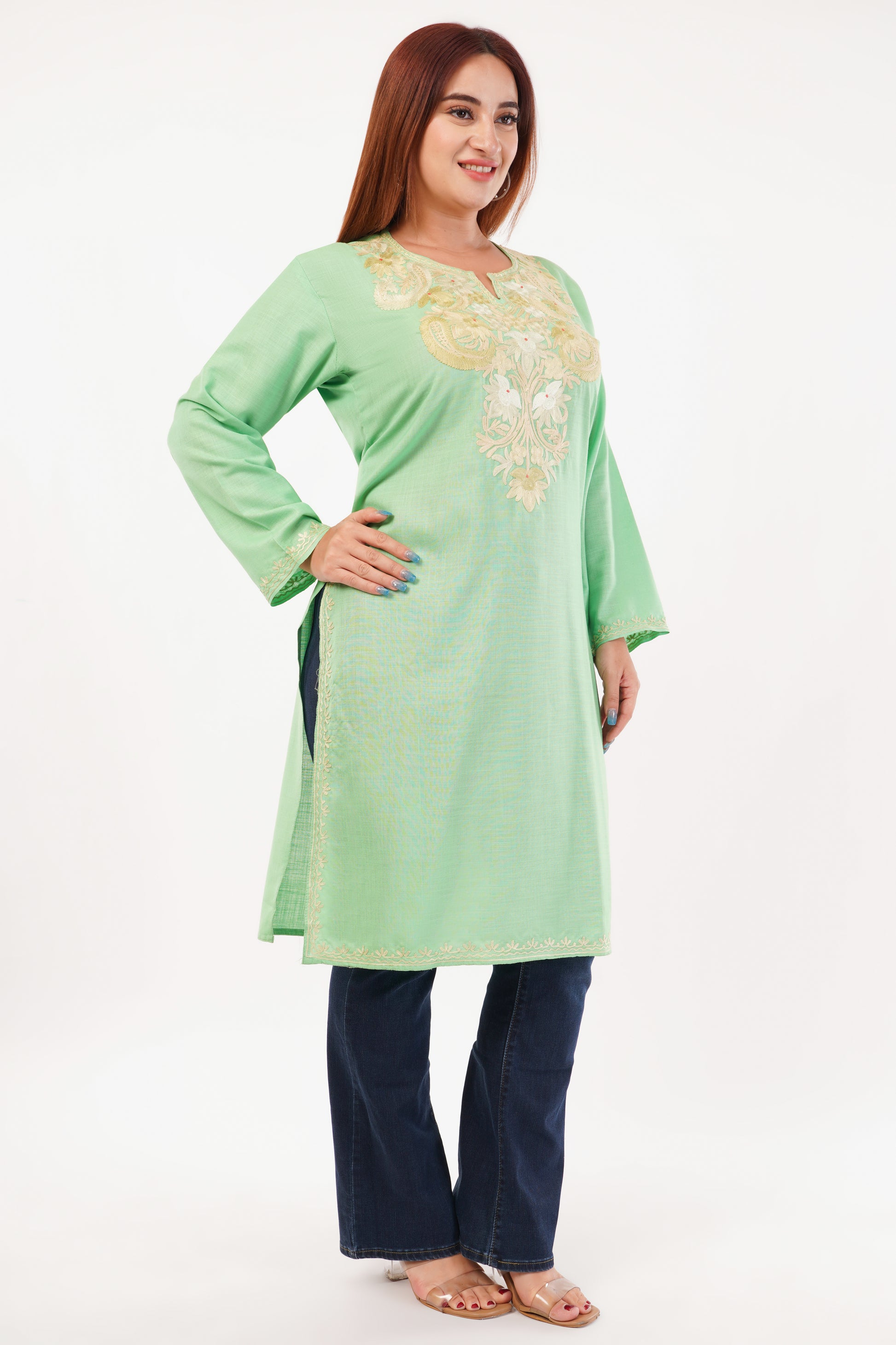 Kashmiri Aari embroidery Cotton Long Kurti Size-44(Green)
