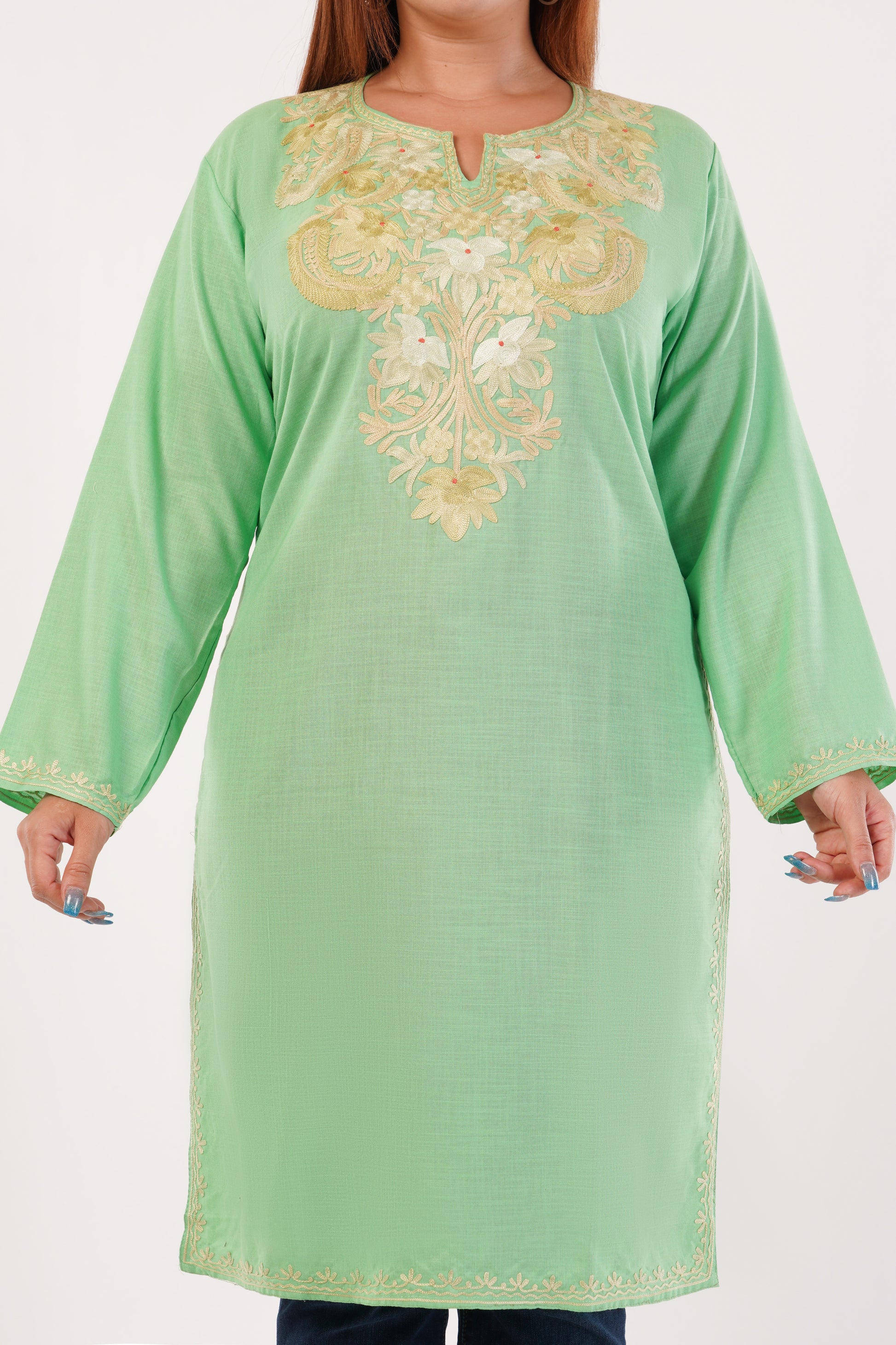 Kashmiri Aari embroidery Cotton Long Kurti Size-44(Green)