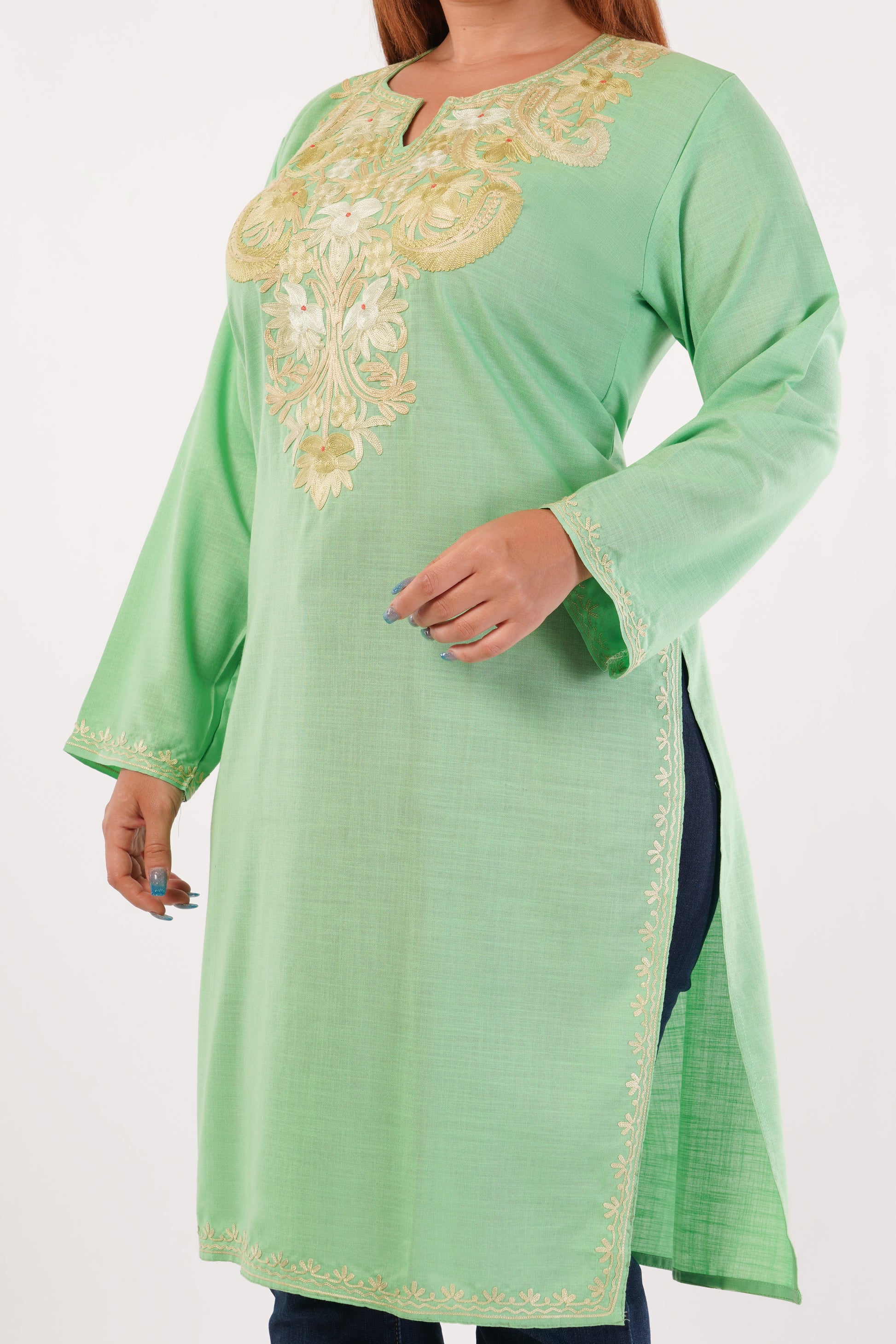 Kashmiri Aari embroidery Cotton Long Kurti Size-44(Green)